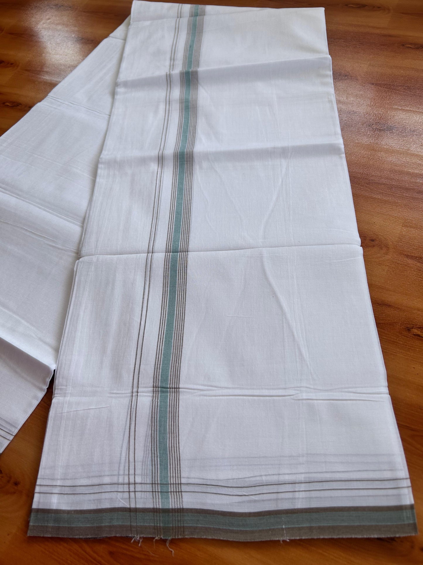Pure White Double Mundu/Dhoti - 20% Discount ! Kaitharikada 100% Cotton - 100x80 - 0.75 inch Brown & Teal green Stripes Kara 3.90 mtr (8.5 muzham) - 12 KK5490 VAS