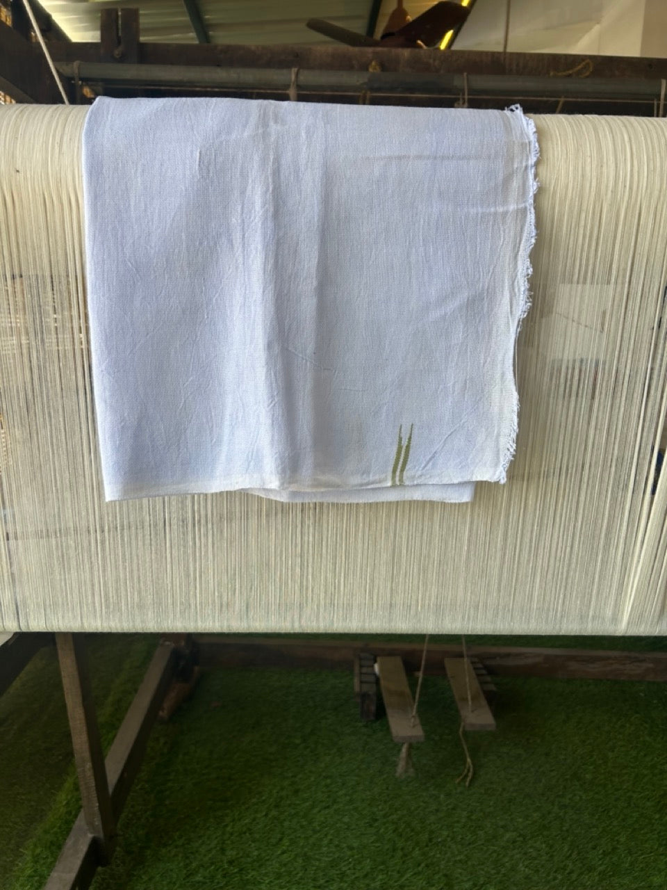 Kaitharikada - HANDLOOM Pure Cotton Kerala Towel - Thorthu - White Body & Olive Green Chutty Kara- 9KK5197ELA