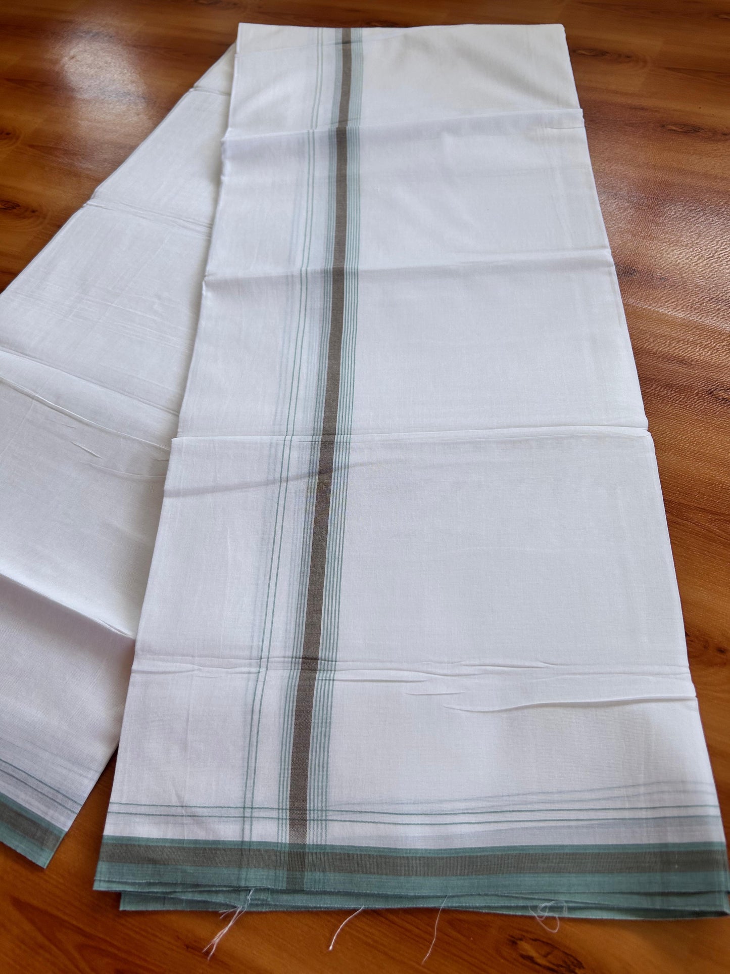 Pure White Double Mundu/Dhoti - 20% Discount ! Kaitharikada 100% Cotton - 100x80 - 0.75 inch Brown & Teal green Stripes Kara 3.90 mtr (8.5 muzham) - 14 KK5490 VAS