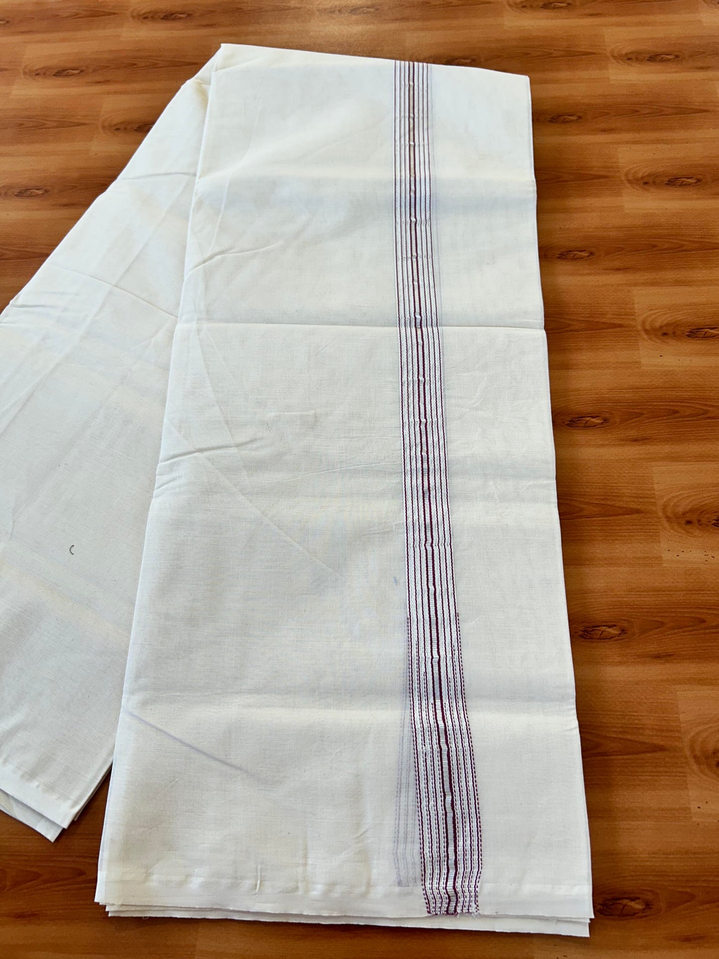 Double Off white Mundu/Dhoti - 20% Discount! KaithariKada Balaramapuram - 100% Cotton 100x100 - 1.25 inch Puliyilakkara Silver Kasav & Magenta 12 Line Chutty Kara - 4 mtr (8.5 muzham) - 13 KK5457 ASH