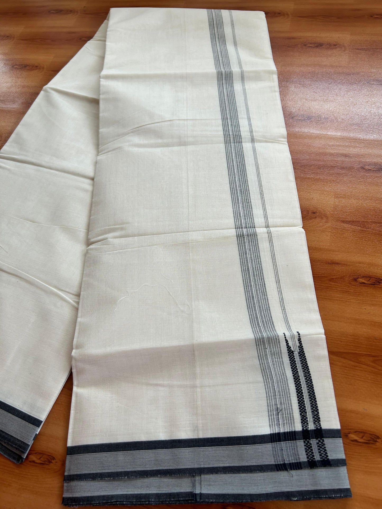 Off White Double Mundu/Dhoti - 20% Discount ! Kaitharikada 100% Cotton - 100x80 - 0.75 inch Black shaded Striped chutty Kara 4 mtr (8.5 muzham) - 17 KK5490 VAS