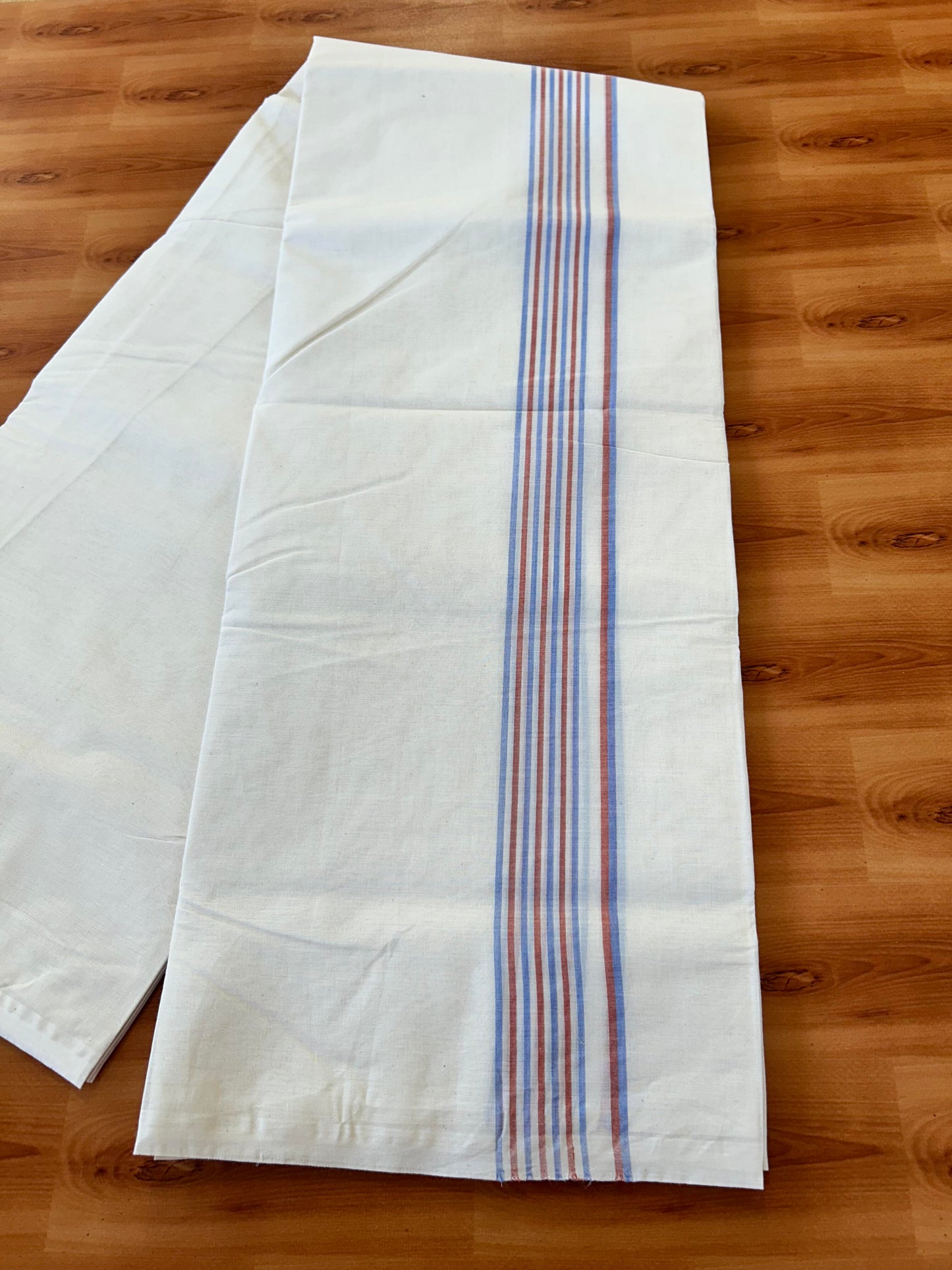 Double Off white Mundu/Dhoti - 20% Discount! KaithariKada - 100% Cotton 100x100 - 1.5 inch Brick Orange & Blue Shaded Striped Kara 4 mtr (8.5 muzham) - 1 KK5457 ASH