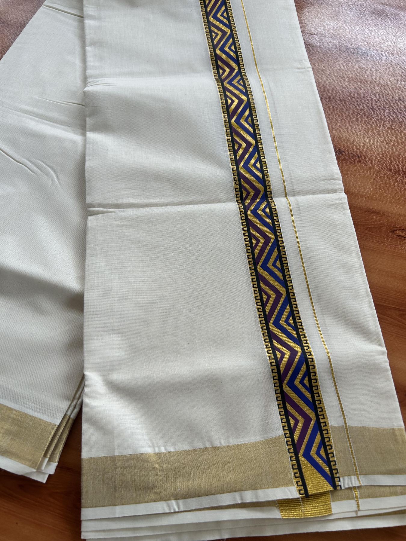 Double Off White - (Unbleached) Mundu/Dhoti- 20% Discount!! KaithariKada Balaramapuram 100% Cotton 60s - 1.5 inch Gold Kasav with Purple & Blue Printed Design Kara - 4 KK5408 GAN