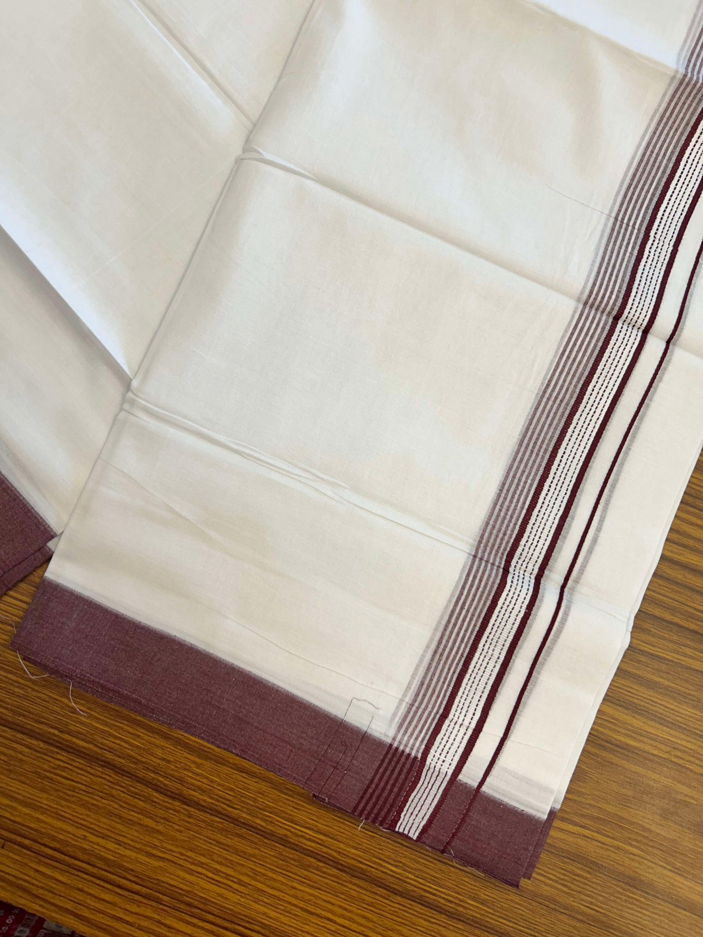 20% Discount!! KaithariKada Balaramapuram 100% Cotton Double Pure White Mundu/Dhoti - 100x100 - 1.25 inch Maroon Striped Kara 3.96 mtr (8 muzham) - 6 KK5309 GAN