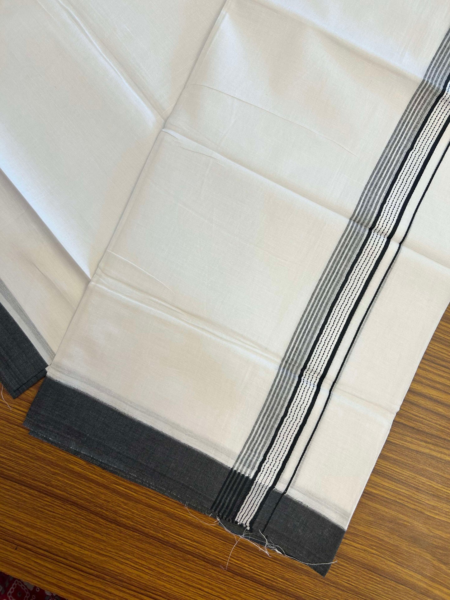 20% Discount!! KaithariKada Balaramapuram 100% Cotton Double Pure White Mundu/Dhoti - 100x100 - 1.5 inch Black Striped Kara 3.96 mtr (8 muzham) - 7 KK5309 GAN