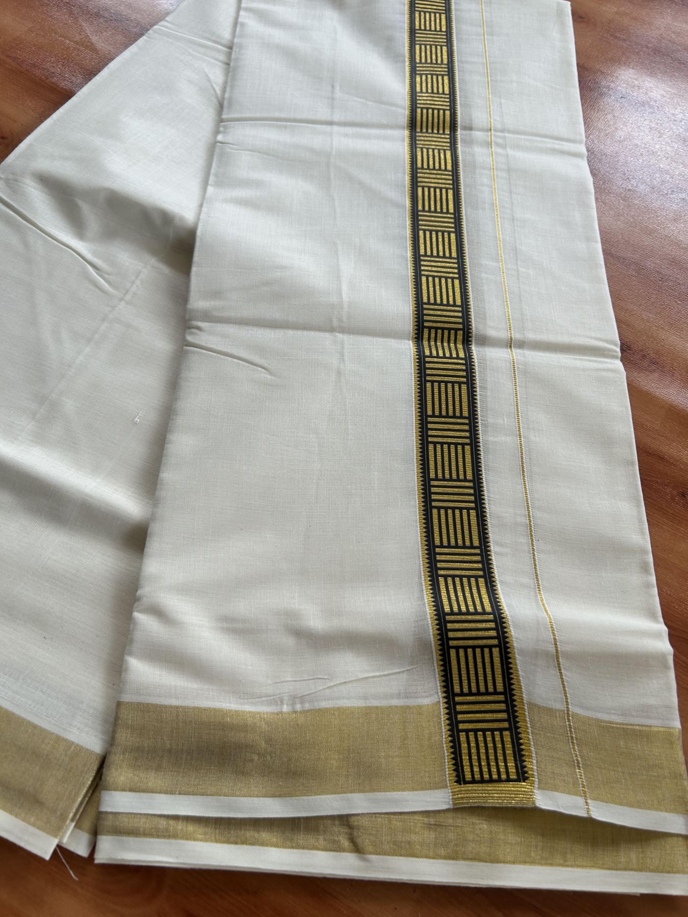 Double Off White - (Unbleached) Mundu/Dhoti- 20% Discount!! KaithariKada Balaramapuram 100% Cotton (60s) - 1.25 inch Gold Kasav & Black Pattern Printed Kara - 9 KK5408 GAN