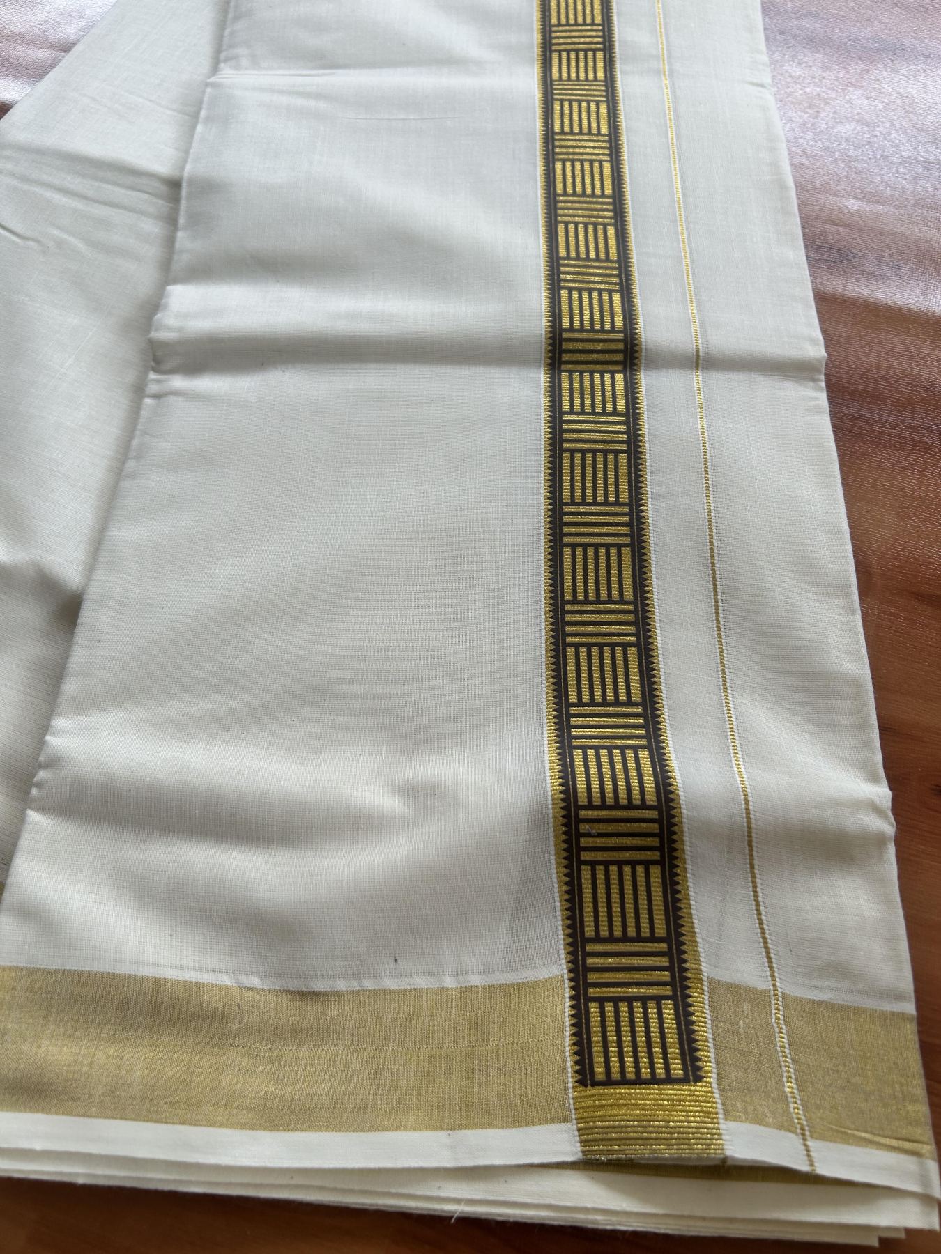 Double Off White - (Unbleached) Mundu/Dhoti- 20% Discount!! KaithariKada Balaramapuram 100% Cotton (60s) - 1.25 inch Gold Kasav & Brown Pattern Printed Kara - 6 KK5408 GAN