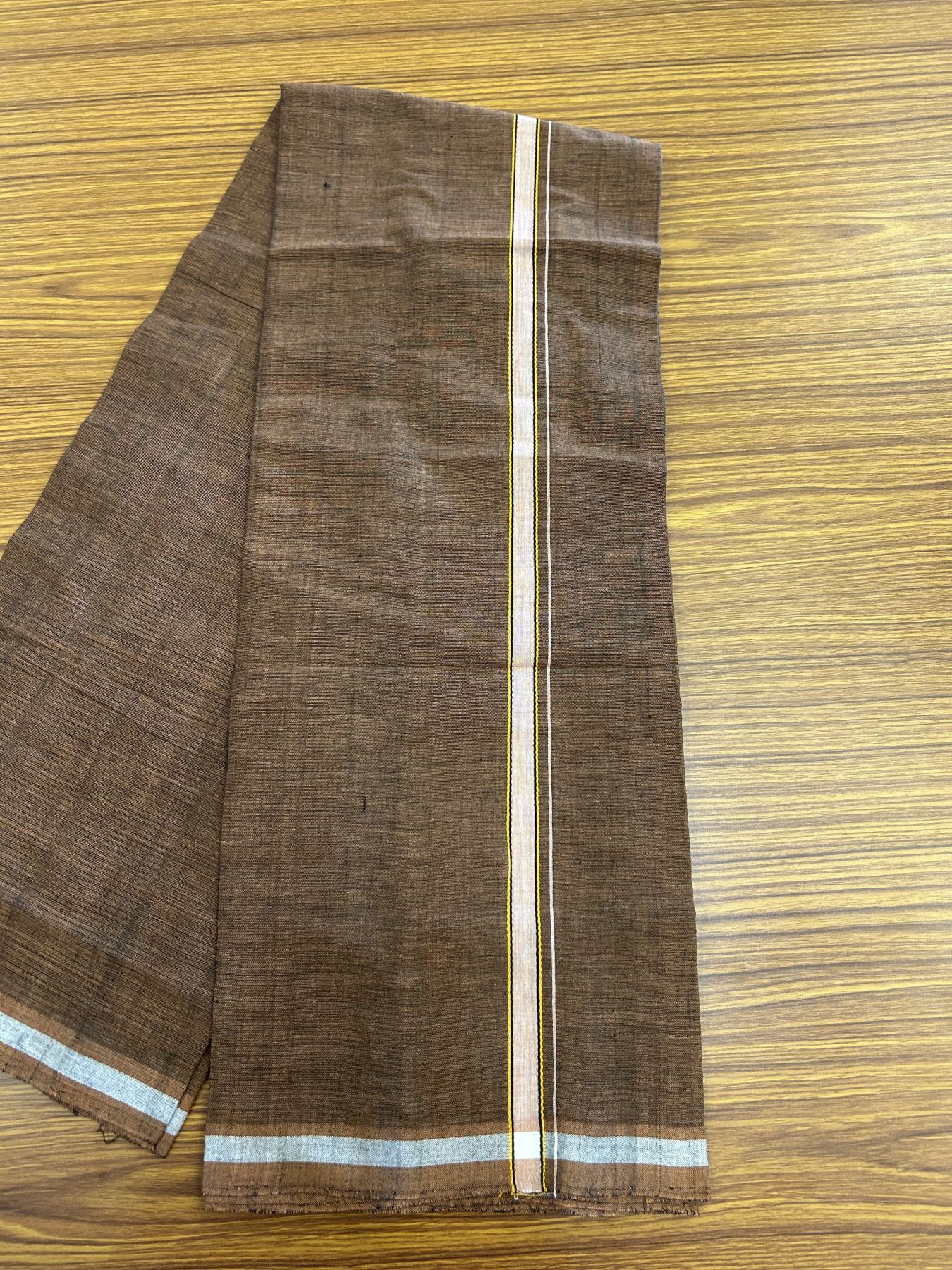 Handloom Single Hallmarked - 10% Discount ! KaithariKada 100% Pure Cotton - Mundu/Dhoti 0.5 inch White shaded & Light orange black striped kara with Brown colour Body - (2 meter / 4 muzham) - 84 KK8044 ELA