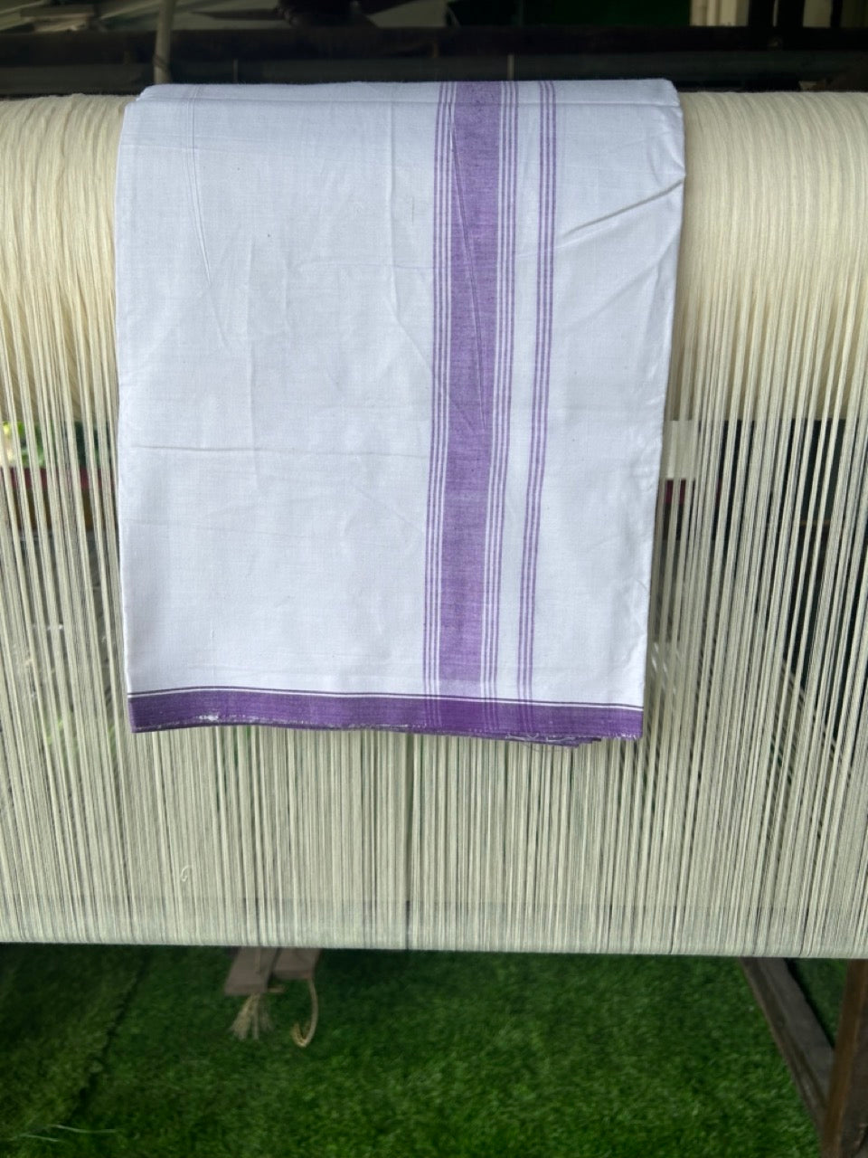 Ultimate HANDLOOM- 30% Discount! - Kaitharikada Kalamachal-Government Sealed HALLMARKED-100% PURE COTTON! (80x80) Twisted Thread- Light WHITE SINGLE Mundu / Dhoti - 2.25 inch Lavender Violet Striped Kara - 14KK478KAL