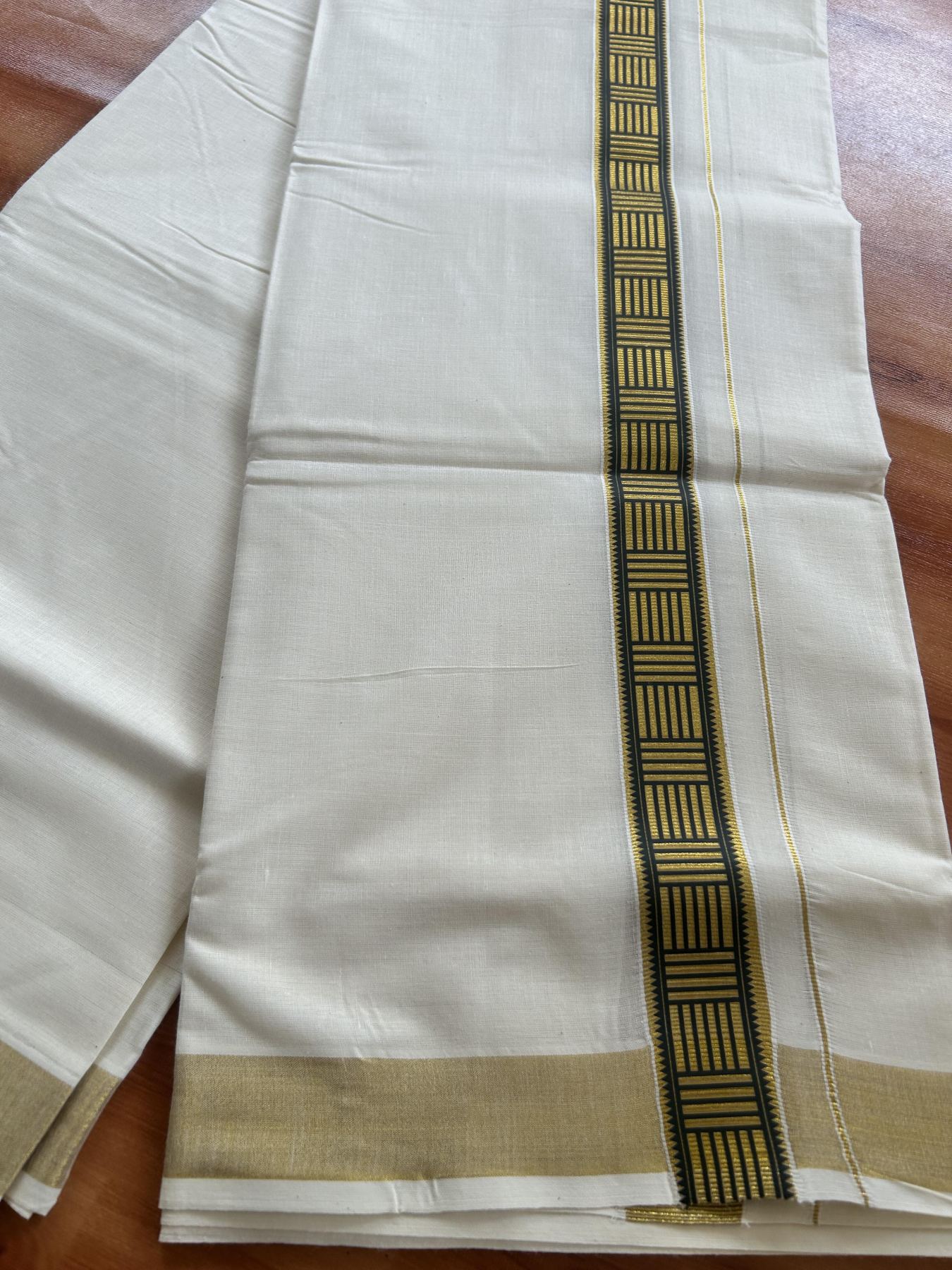Double Off White - (Unbleached) Mundu/Dhoti- 20% Discount!! KaithariKada Balaramapuram 100% Cotton (60s) - 1.25 inch Gold Kasav & Dark Green Pattern Printed Kara - 8 KK5408 GAN