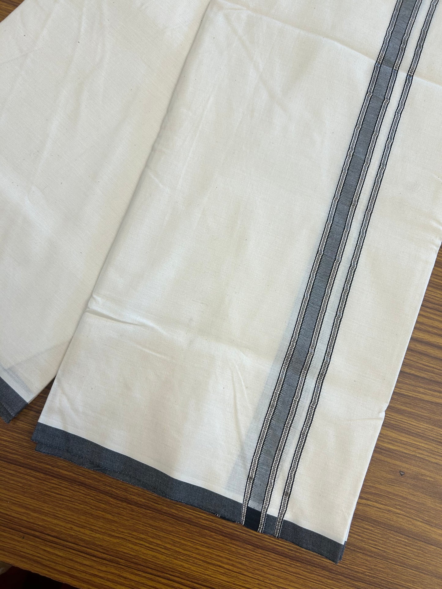 20% Discount!! KaithariKada Balaramapuram 100% Cotton Single Off white (Unbleached) Mundu/Dhoti- Twisted 100s Thread - 2 cm Silver Kasav & Black Kara (2 meter / 4 muzham) - 2 KK5346 ASH