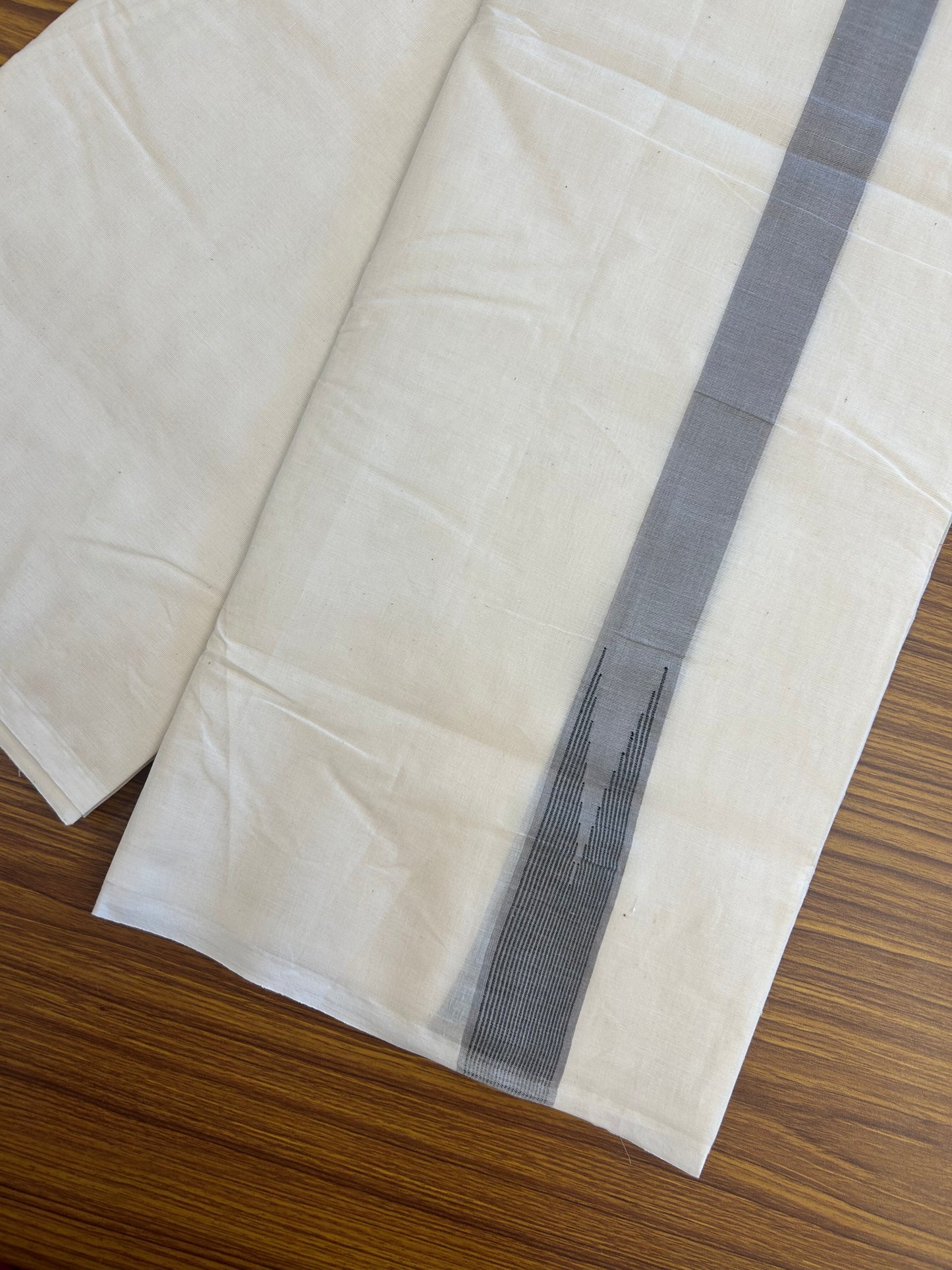 20% Discount ! KaithariKada 100% Cotton off white Double - (Unbleached) Mundu/Dhoti - 100X100 - 1.25 inch Puliyilakkara Ash Grey & Black Striped Chutty kara - 16 KK5346 ASH