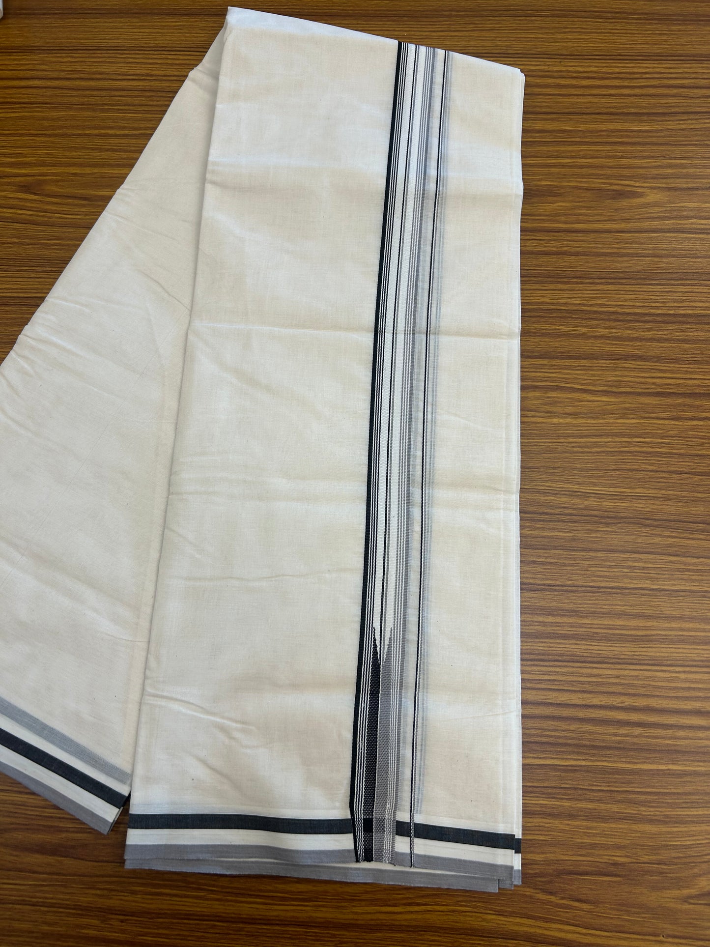 20% Discount ! KaithariKada 100% Cotton off white Double - (Unbleached) Mundu/Dhoti - 100X100 - 1.25 inch Puliyilakkara Black & Ash Lavender Striped Chutty kara - 10 KK5346 ASH