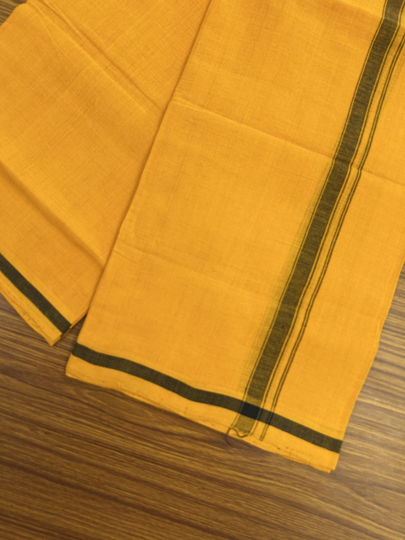 Handloom Single Hallmarked - 10% Discount !! KaithariKada 100% Pure Cotton - Mundu/Dhoti 0.75 inch Black Striped Kara with Light Orange colour Body - (2 meter / 4 muzham) - 18 KK8044 ELA