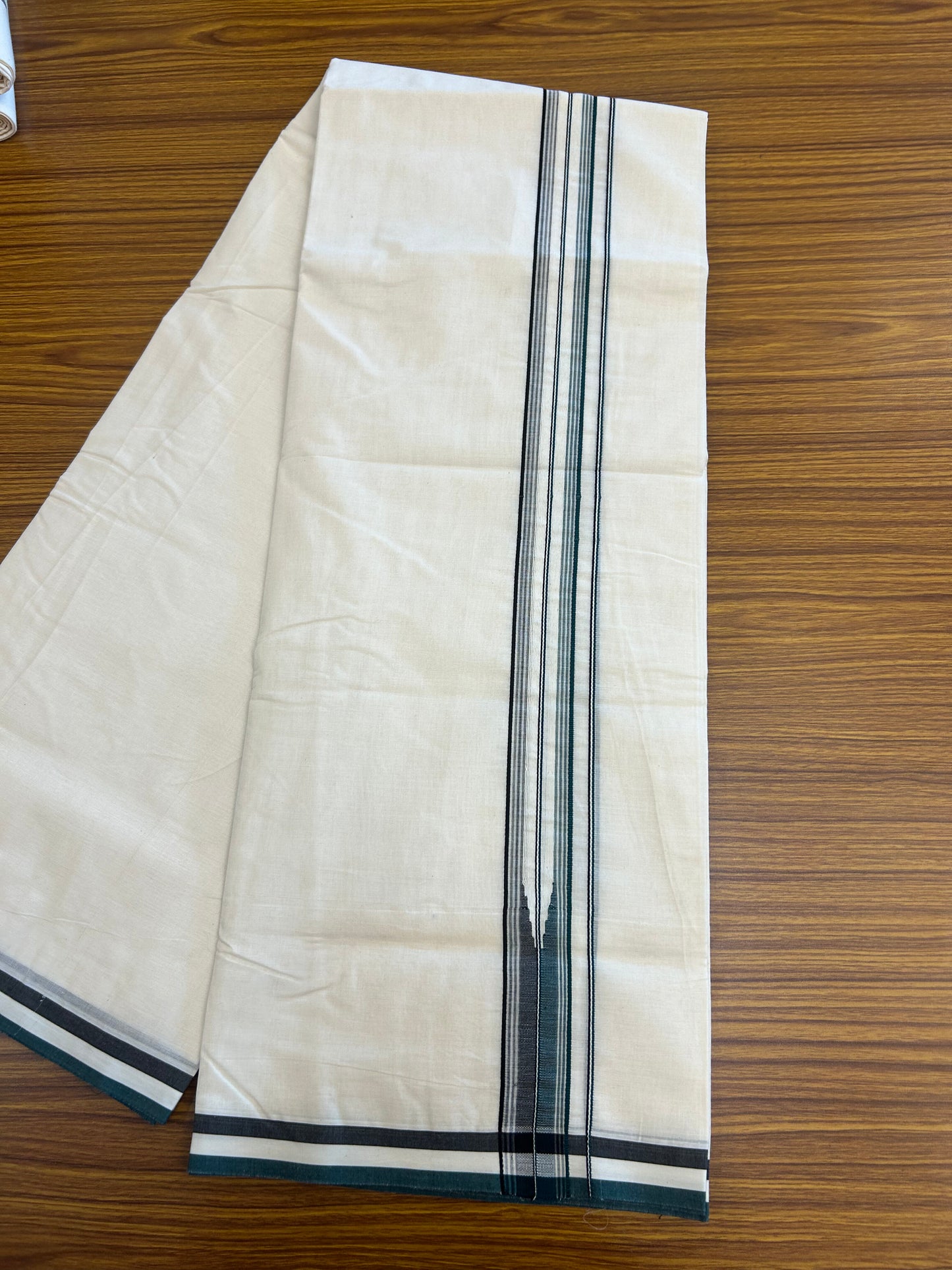 20% Discount ! KaithariKada 100% Cotton off white Double - (Unbleached) Mundu/Dhoti - 100X100 - 1.25 inch Puliyilakkara Black & Green Striped Chutty kara - 12 KK5346 ASH