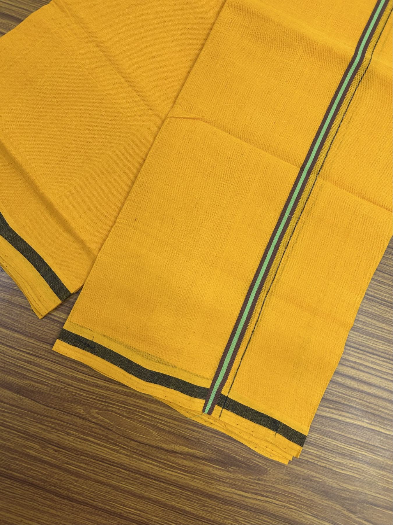 Handloom Single Hallmarked - 10% Discount !! KaithariKada 100% Pure Cotton - Mundu/Dhoti 1 cm Brown Green Kara with Light Orange colour Body - (2 meter / 4 muzham) - 20 KK8044 ELA