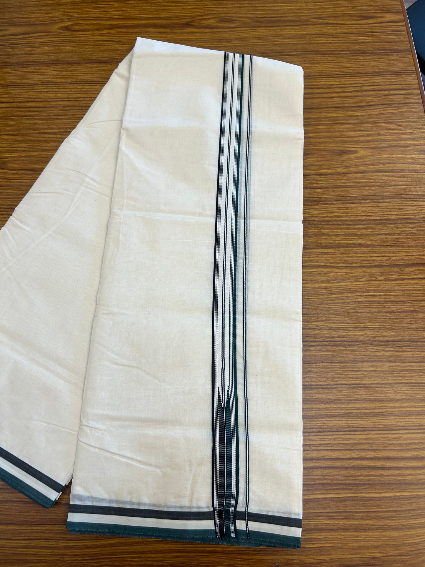 20% Discount ! KaithariKada 100% Cotton off white Double - (Unbleached) Mundu/Dhoti - 100X100 - 1.25 inch Puliyilakkara Black & Green Striped Chutty kara - 9 KK5346 ASH