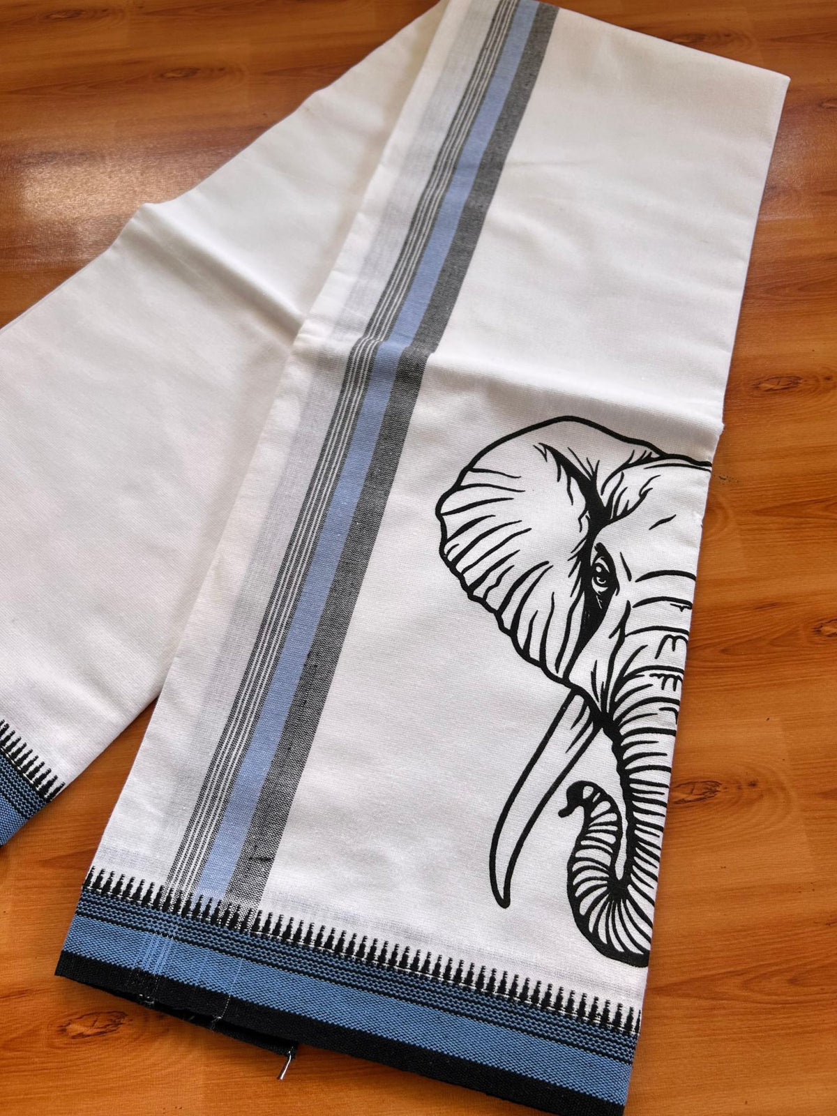 Single White Kaily / Lungi - Kerala Mund Polyster Mixed Cotton - (20s) - 2 inch Blue & Black Stripes Elephant Printed Kara (2 meter / 4 muzham) - 7 KK8086 KUT
