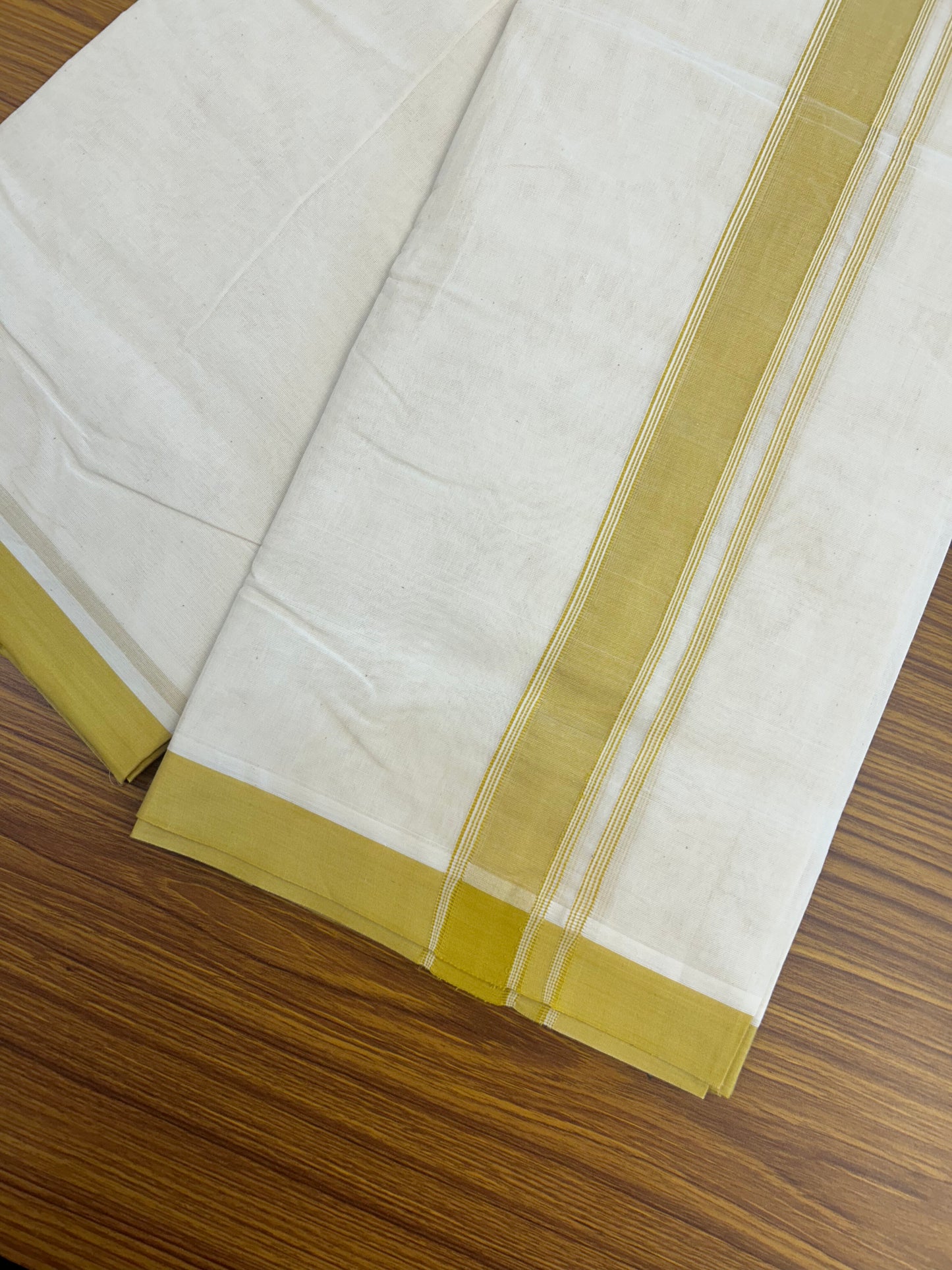 20% Discount KaithariKada Balaramapuram 100% Cotton Double Off white - (Unbleached) - Mundu/Dhoti - 100x80 - 1.5 inch Mustard Yellow Striped Kara - 3.90 mtr (8 Muzham) - 15 KK5346 ASH