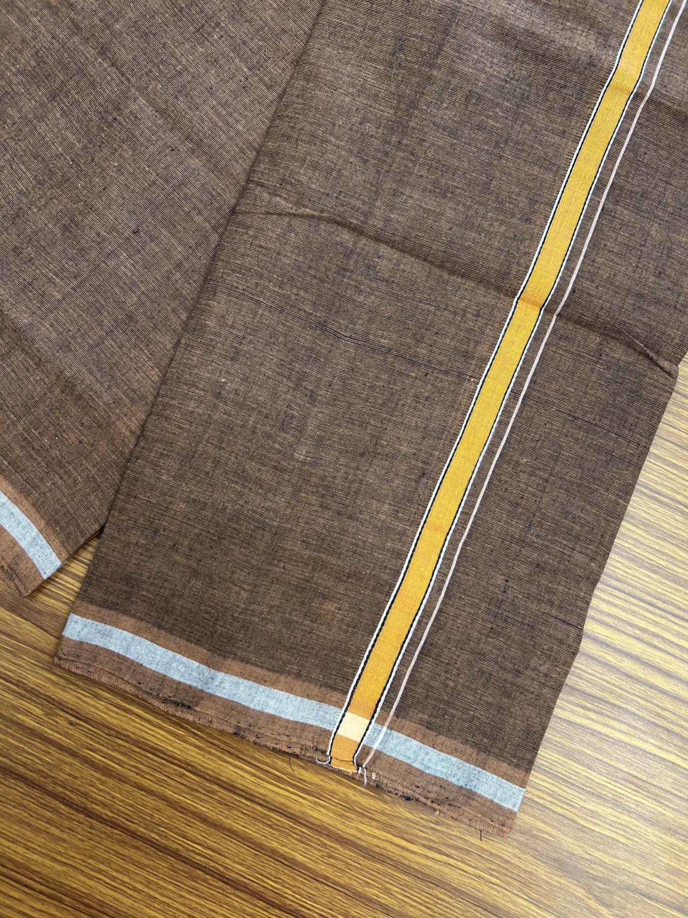 Handloom Single Hallmarked - 10% Discount ! KaithariKada 100% Pure Cotton - Mundu/Dhoti 0.5 inch Light Orange & Black white striped kara with Brown colour Body - (2 meter / 4 muzham) - 87 KK8044 ELA