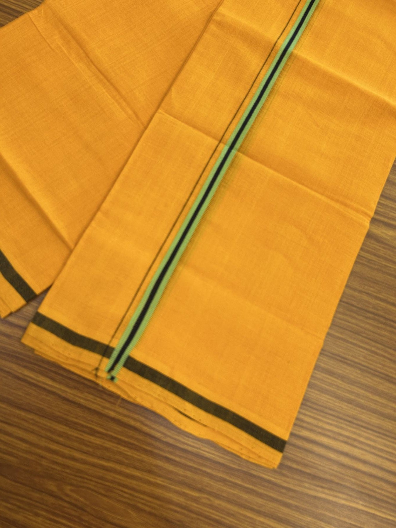 Handloom Single Hallmarked - 10% Discount !! KaithariKada 100% Pure Cotton - Mundu/Dhoti 1 cm Black Green Kara with Light Orange colour Body - (2 meter / 4 muzham) - 21 KK8044 ELA