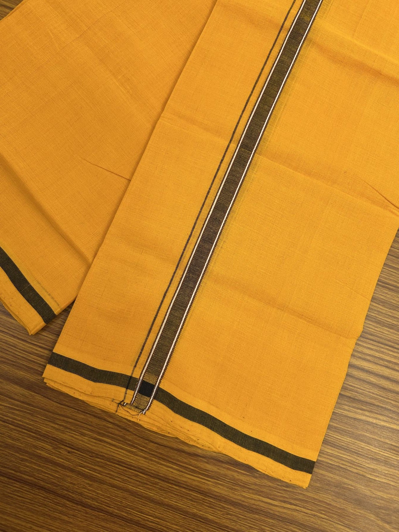 Handloom Single Hallmarked - 10% Discount !! KaithariKada 100% Pure Cotton - Mundu/Dhoti 2 cm Black Brown Kara with Light Orange colour Body - (2 meter / 4 muzham) - 23 KK8044 ELA