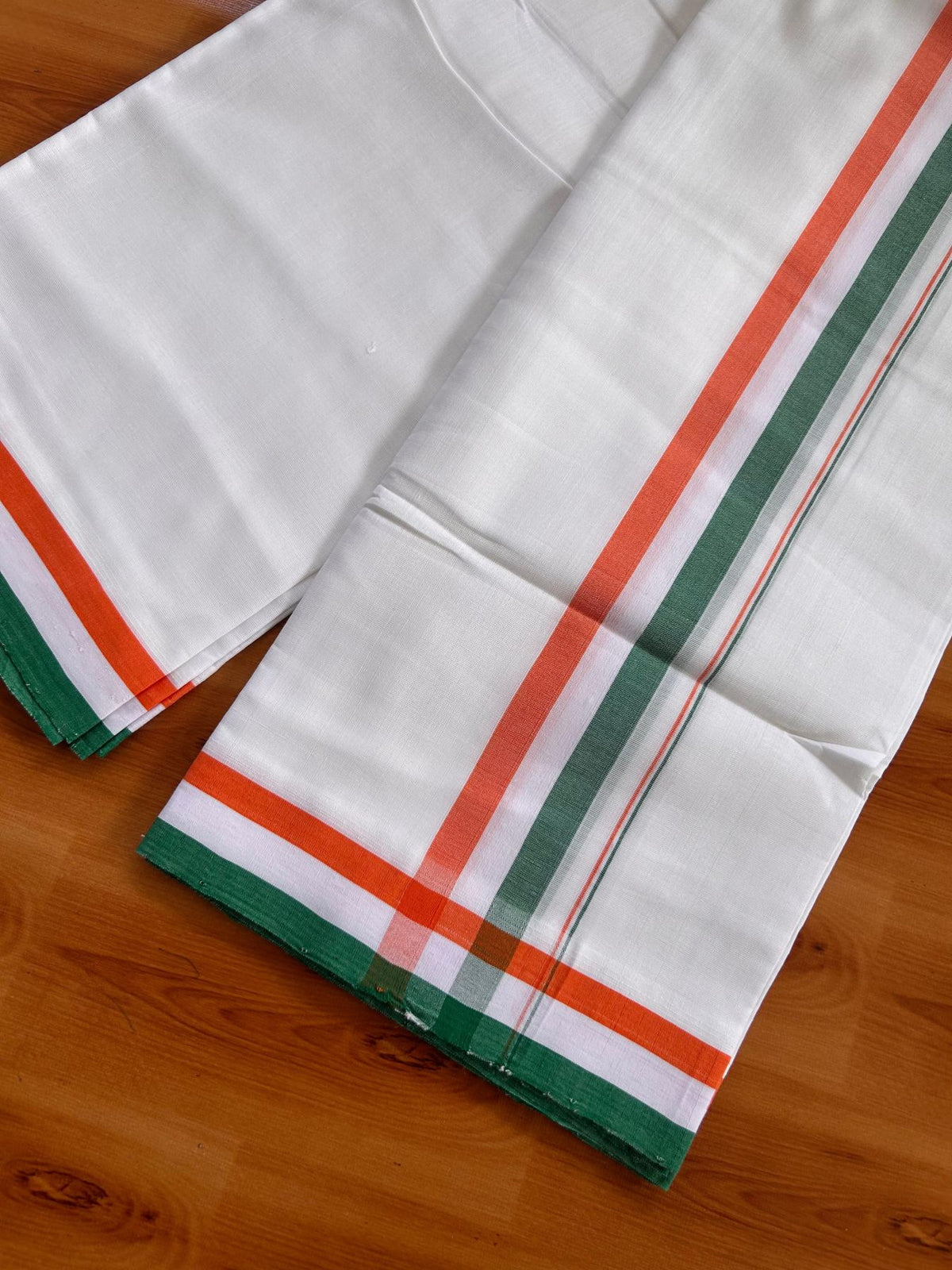 Congress Veshti - 25% Discount!!! Kaitharikada Handloom Unakkupaav - Kerala Handloom - 100% Pure Cotton Pure White Double Mund/Dhoti - (2/120X80) - 1.5 inch Orange White & Green Kara - 4 mtr (8.5 muzham) - 1 KK5526YAR