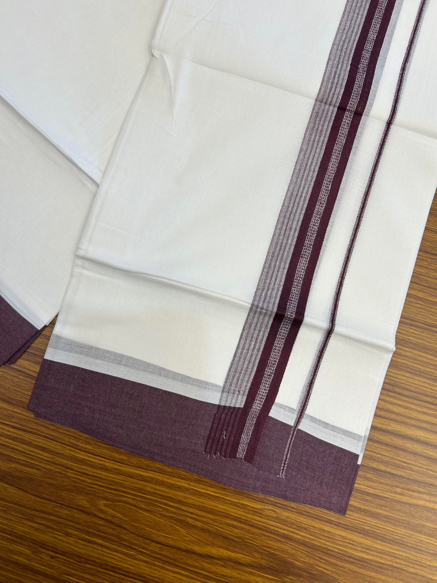20% Discount ! Kaitharikada Balaramapuram 100% Cotton Pure White Double Mundu/Dothi - 100x80 - 2 inch Wine Purple Shaded Stripes Kara 3.90 m (8 muzham) - 30 KK5364 MC