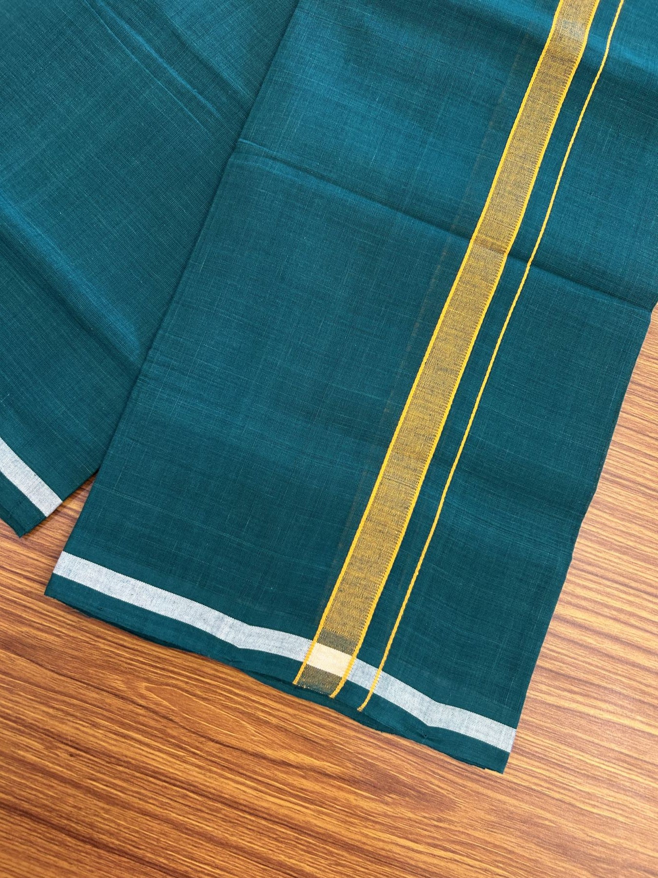 Handloom Single Hallmarked - 10% Discount !! KaithariKada 100% Pure Cotton - Mundu/Dhoti Dark Green Body & 2 cm Light Orange Kara - (2 meter / 4 muzham)- 1 KK8044 ELA