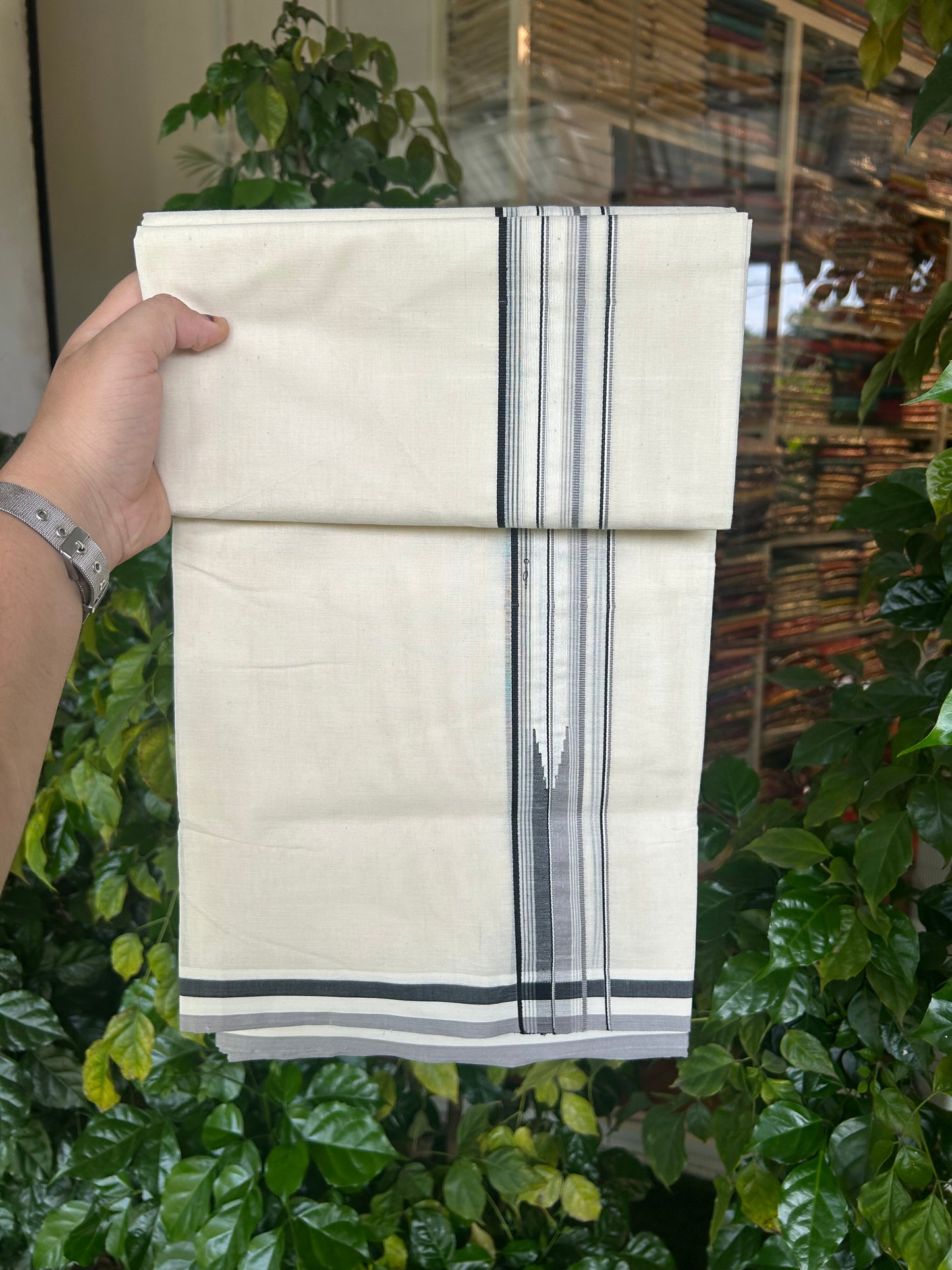 20% Discount ! KaithariKada 100% Cotton off white Double - (Unbleached) Mundu/Dhoti - 100X100 - 1.25 inch Puliyilakkara Black & Ash Lavender Striped Chutty kara - 13 KK5346 ASH