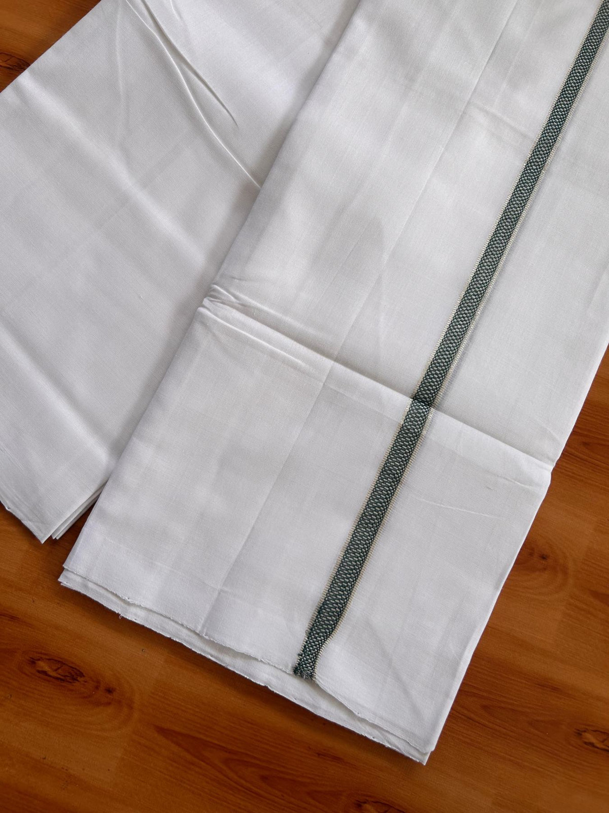 Double Pure White 25% Discount ! KaithariKada Handloom Unakkupaav - Kerala Handloom - 100% Pure Cotton Mundu/Dhoti - (2/120X80) - 0.5 inch Silver Kasav Green Striped Kara - 4 mtr (8.5 muzham) - 4 KK5526YAR