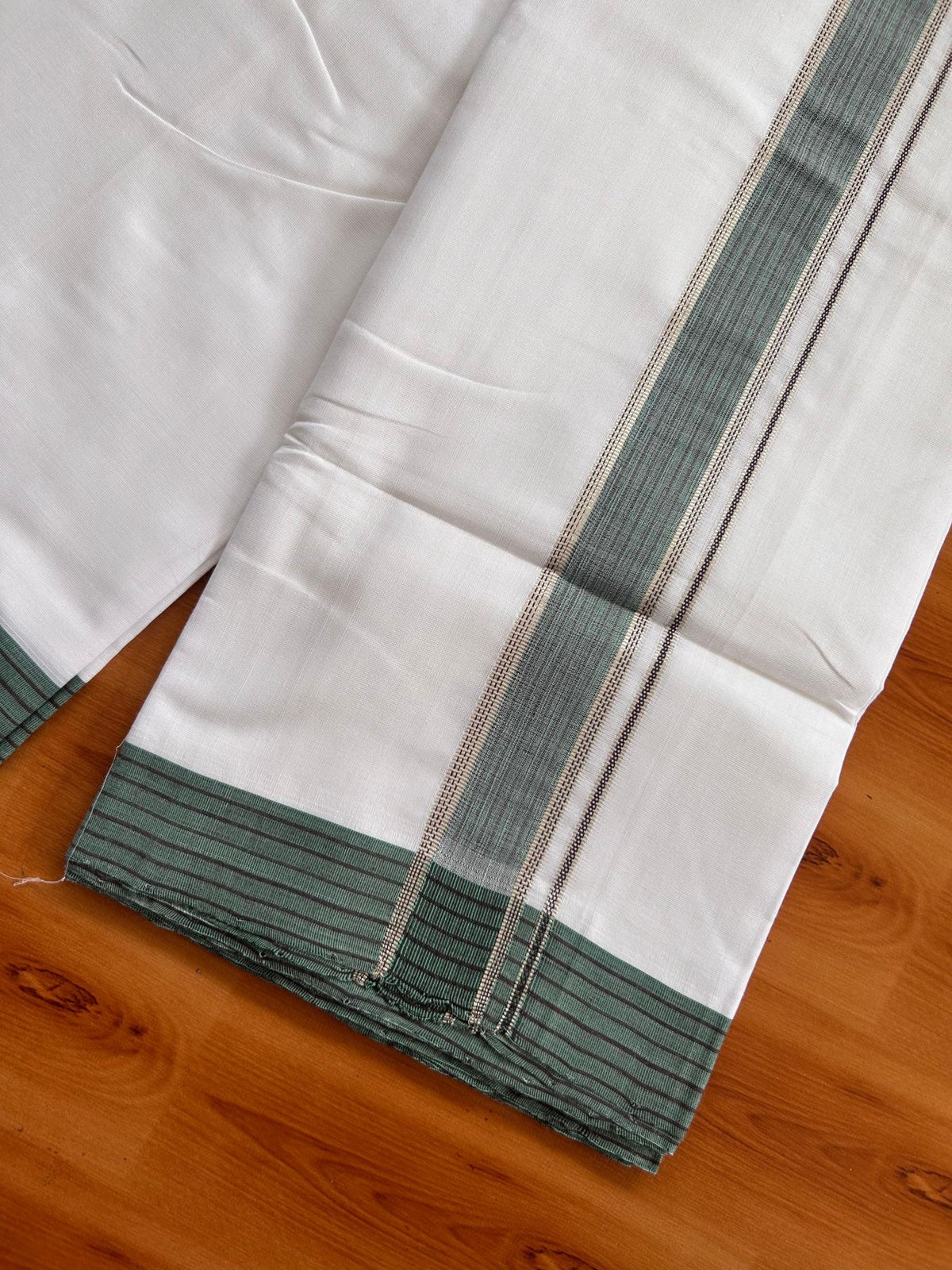 Double Pure White 25% Discount ! KaithariKada Handloom Unakkupaav - Kerala Handloom - 100% Pure Cotton Mundu/Dhoti - (2/120X80) - 1.25 inch Silver Kasav Black & Teal Green Striped Kara - 4 mtr (8.5 muzham) - 2 KK5526YAR