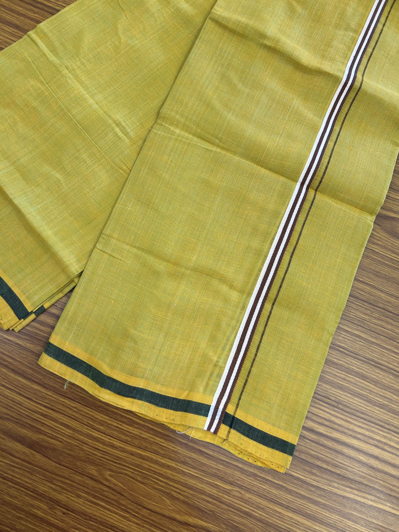 Handloom Single Hallmarked - 10% Discount !! KaithariKada 100% Pure Cotton - Mundu/Dhoti Dark Mustard Yellow Body & 1.5 cm Black & Brown Stripes Kara - (2 meter / 4 muzham) - 6 KK8044 ELA
