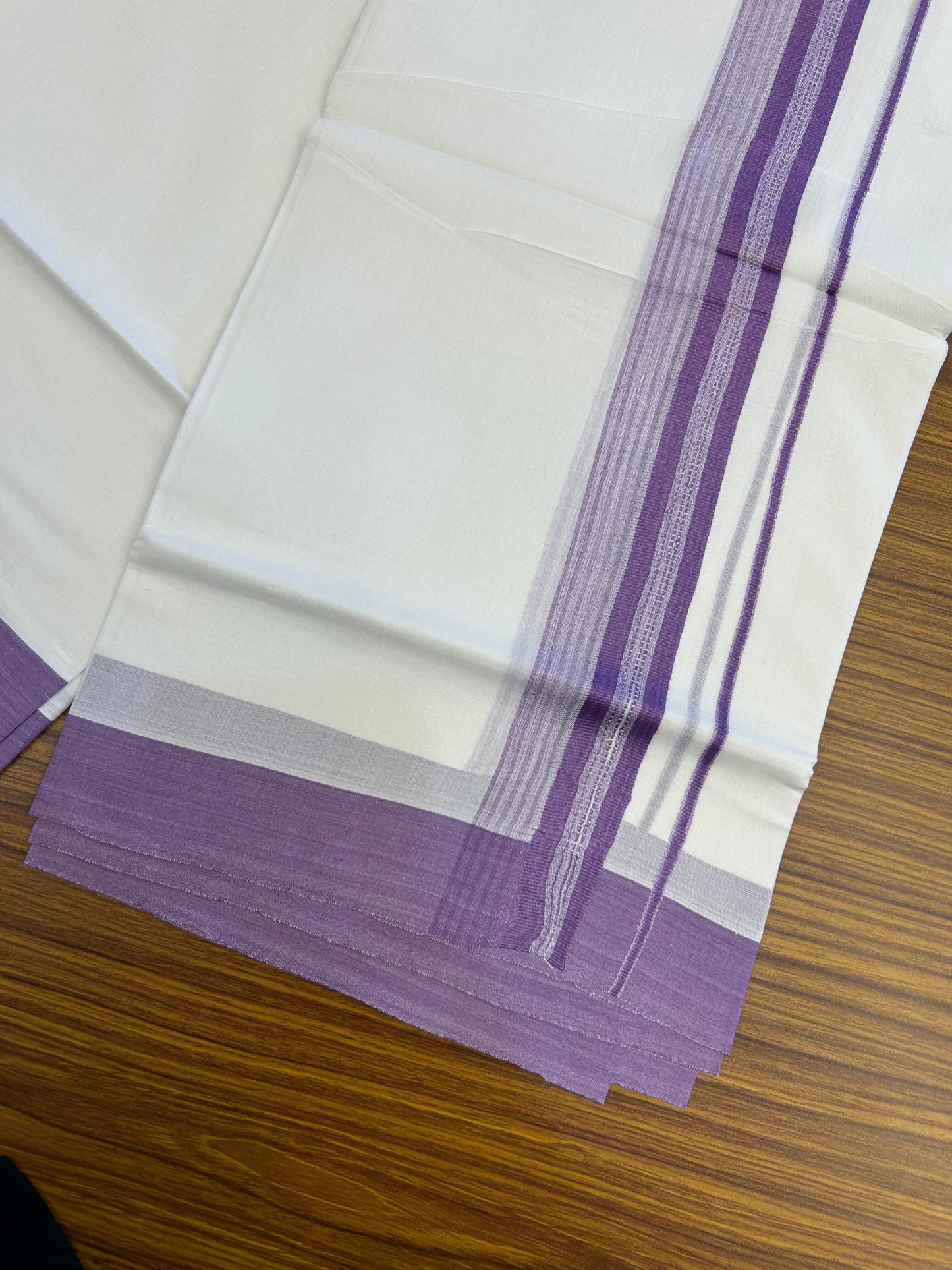 20% Discount ! Kaitharikada Balaramapuram 100% Cotton Pure White Double Mundu/Dothi - 100x80 - 2 inch Lavander Shaded Stripes Kara 3.90 m (8 muzham) - 34 KK5364 MC