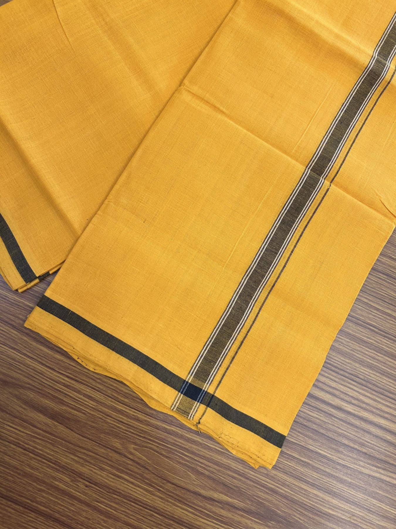 Handloom Single Hallmarked - 10% Discount !! KaithariKada 100% Pure Cotton - Mundu/Dhoti 2 cm Black Kara with Light Orange colour Body - (2 meter / 4 muzham) - 27 KK8044 ELA