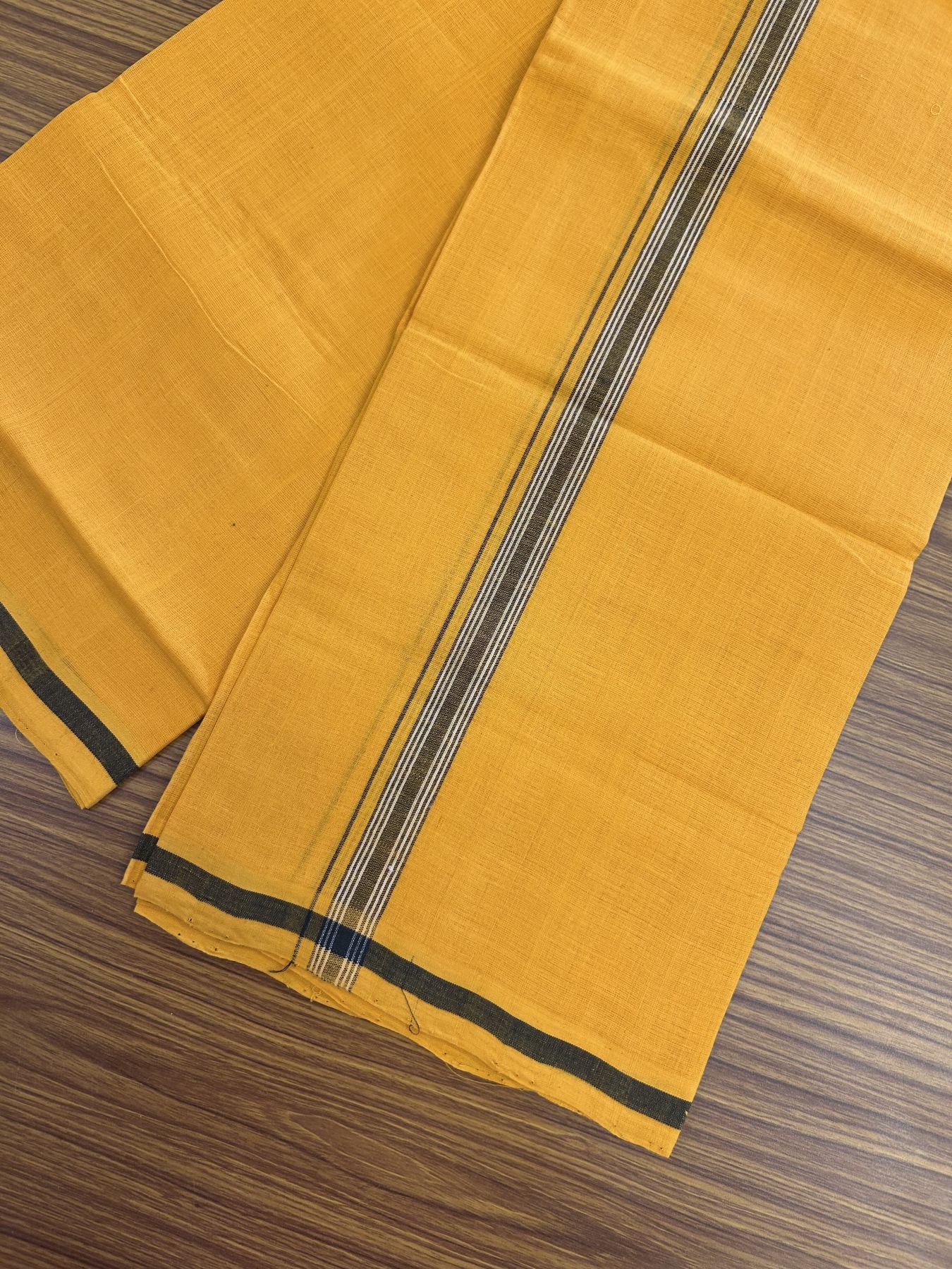 Handloom Single Hallmarked - 10% Discount !! KaithariKada 100% Pure Cotton - Mundu/Dhoti 2 cm Black Kara with Light Orange colour Body - (2 meter / 4 muzham) - 28 KK8044 ELA