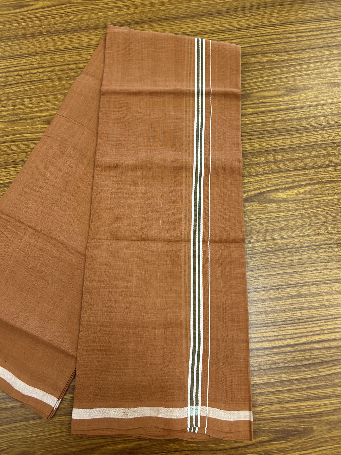 Handloom Single Hallmarked - 10% Discount ! KaithariKada 100% Pure Cotton - Mundu/Dhoti 0.5 inch Olive Green & White Kara with Kavi colour Body - (2 meter / 4 muzham) - 61 KK8044 ELA