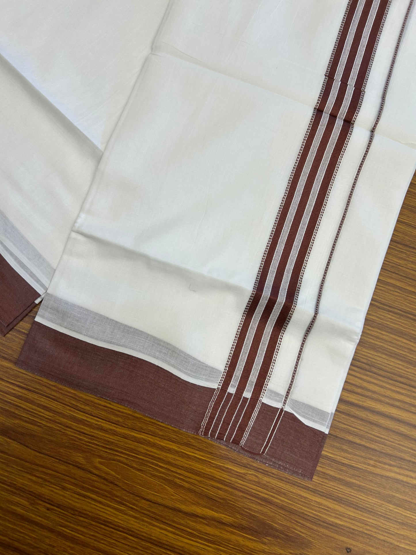 20% Discount ! Kaitharikada Balaramapuram 100% Cotton Pure White Double Mundu/Dothi - 100x80 - 1.5 inch Silver Kasav & Walnut Brown Striped Kara 3.90 m (8 muzham) - 75 KK5364 MC