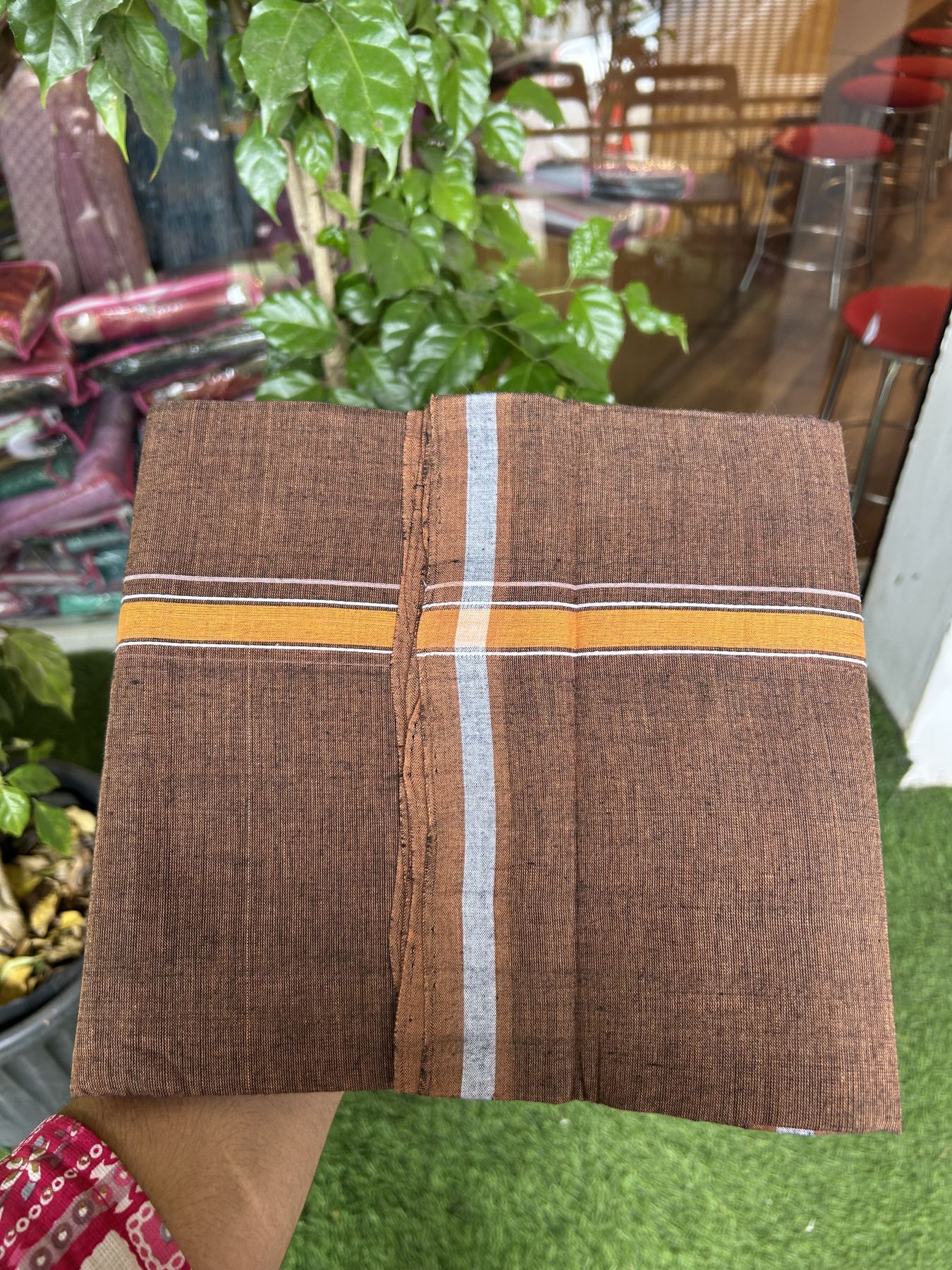 Handloom Single Hallmarked - 10% Discount ! KaithariKada 100% Pure Cotton - Mundu/Dhoti 0.5 inch Light Orange & white striped kara with Brown colour Body - (2 meter / 4 muzham) - 88 KK8044 ELA