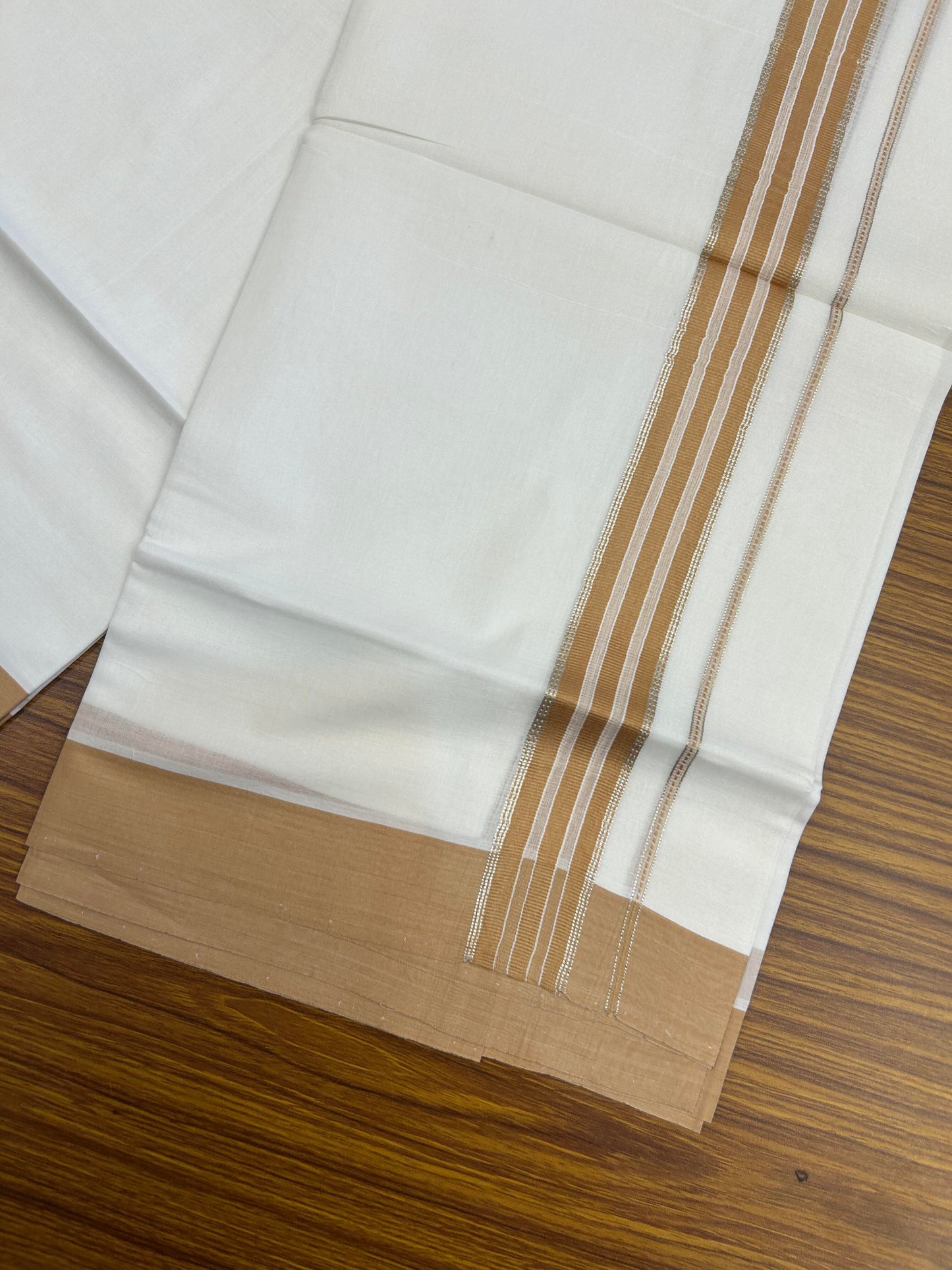 20% Discount ! Kaitharikada Balaramapuram 100% Cotton Pure White Double Mundu/Dothi - 100x80 - 1.5 inch Silver Kasav & Cinnamon Brown Striped Kara 3.90 m (8 muzham) - 73 KK5364 MC