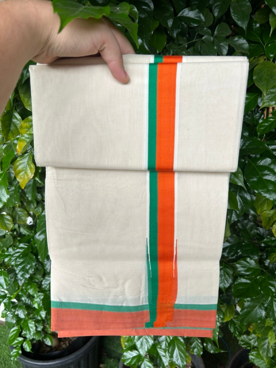 BJP VESHTI - 20% DISCOUNT! KaithariKada 100% Cotton off white Double - (Unbleached) Mundu/Dhoti - 100X80 - 1.5 inch Puliyilakkara Orange & Green Chutty Kara - 4mtr (8.5 muzham)- 2KK5238 ASH