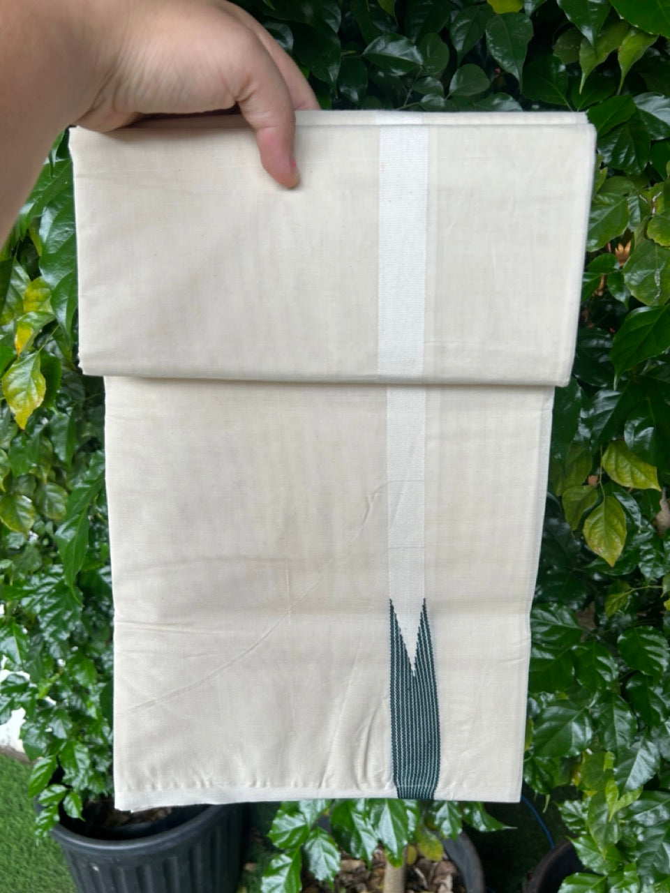 29% DISCOUNT ! KaithariKada Balaramapuram 100% COTTON Double OFF WHITE (Unbleached) Mundu/Dhoti- 100x100 - 0.75 inch Puliyilakkara Peacock Green Striped Chutty Kara - 4mtr (8.5 muzham)- 5KK5238 ASH