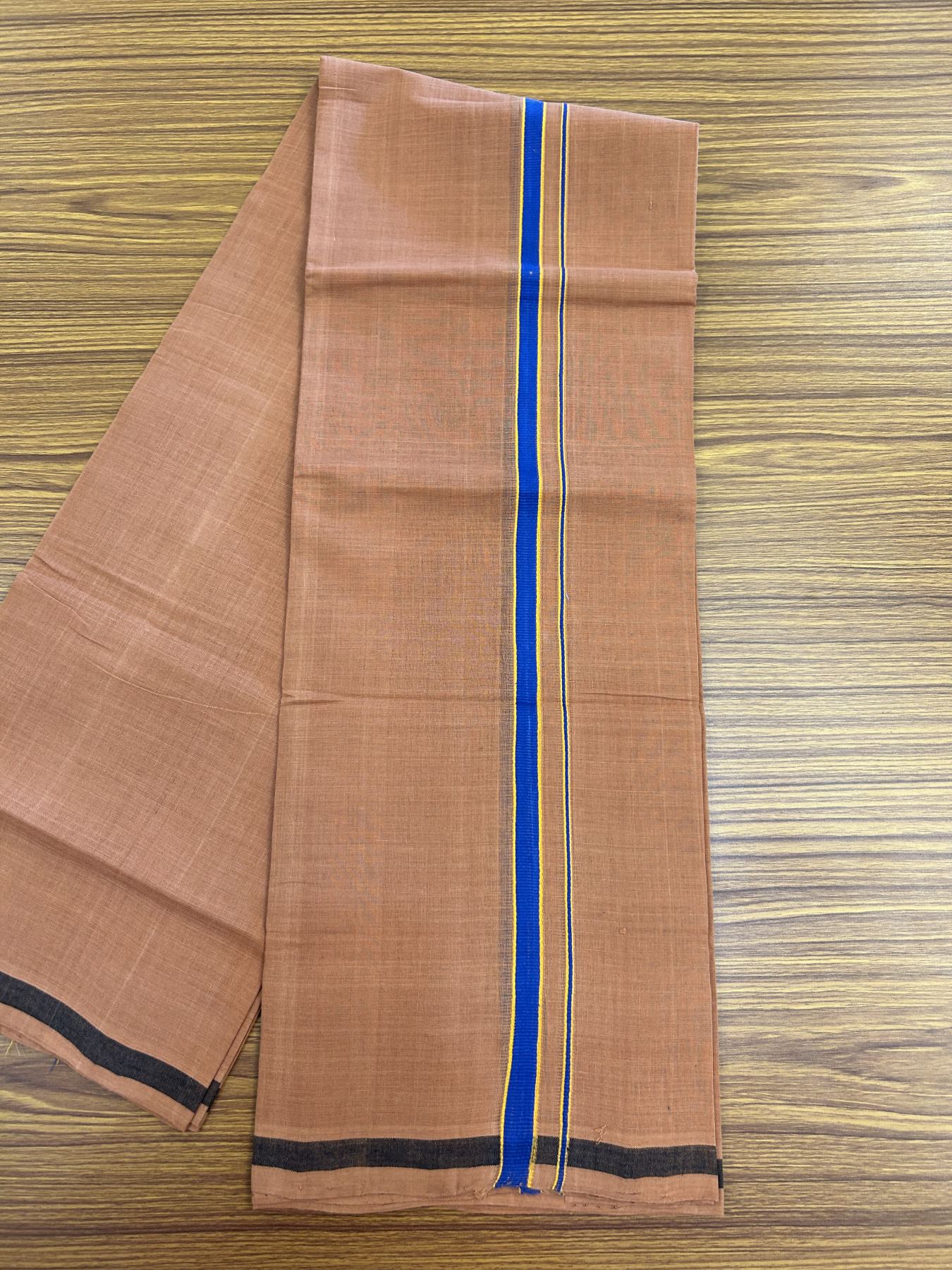 Handloom Single Hallmarked - 10% Discount ! KaithariKada 100% Pure Cotton - Mundu/Dhoti 0.5 inch Blue & Light Orange Kara with Kavi colour Body - (2 meter / 4 muzham) - 59 KK8044 ELA