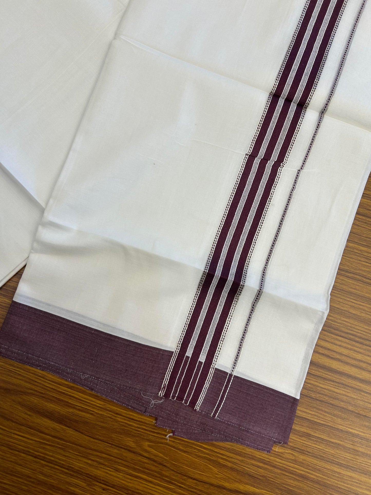 20% Discount ! Kaitharikada Balaramapuram 100% Cotton Pure White Double Mundu/Dothi - 100x80 - 1.5 inch Silver Kasav & Wine Purple Striped Kara 3.90 m (8 muzham) - 66 KK5364 MC
