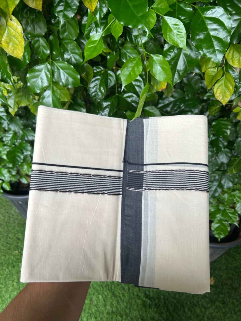 20% Discount KaithariKada Balaramapuram 100% Cotton Double Off white - (Unbleached) - Mundu/Dhoti - 100x100 - 1 inch Silver Kasav & Black Striped Kara - 4mtr (8.5 muzham)- 6KK5238 ASH
