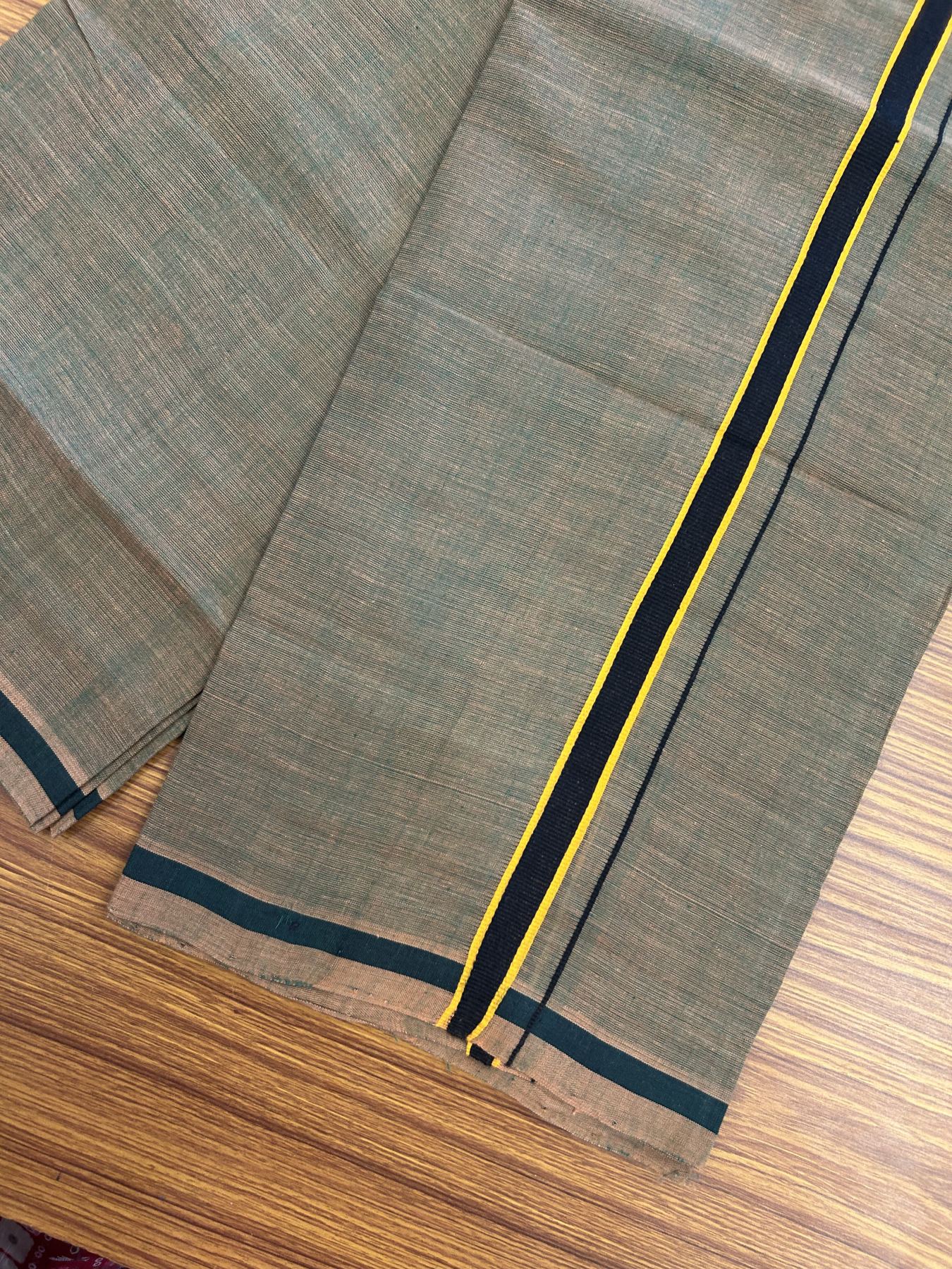 Handloom Single Hallmarked - 10% Discount !! KaithariKada 100% Pure Cotton - Mundu/Dhoti Sage Green Body & 1.5 cm Black & Light Orange Kara - (2 meter / 4 muzham) - 3 KK8044 ELA