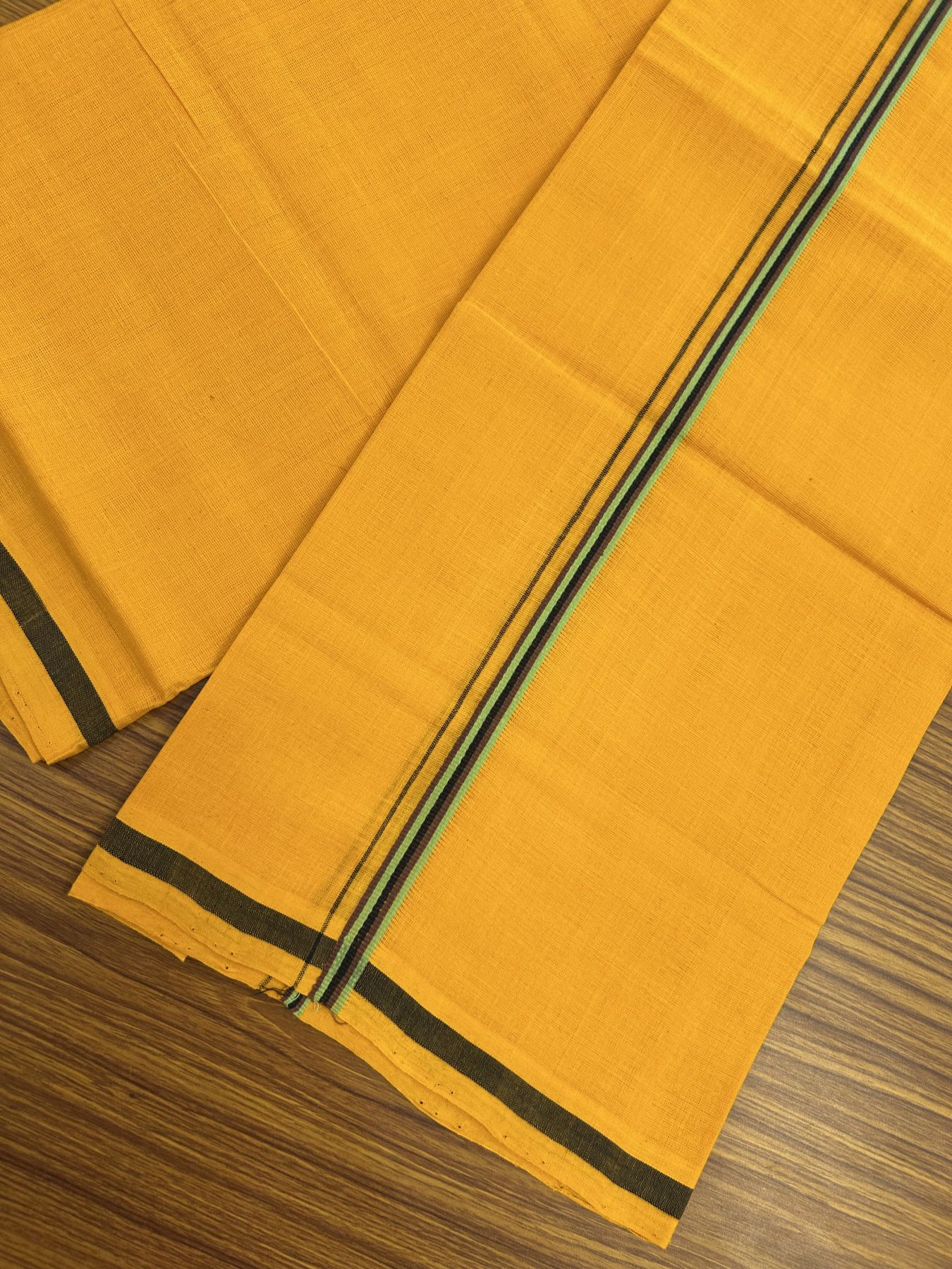 Handloom Single Hallmarked - 10% Discount !! KaithariKada 100% Pure Cotton - Mundu/Dhoti 1 cm Green Brown & Black Kara with Light Orange colour Body - (2 meter / 4 muzham) - 32 KK8044 ELA