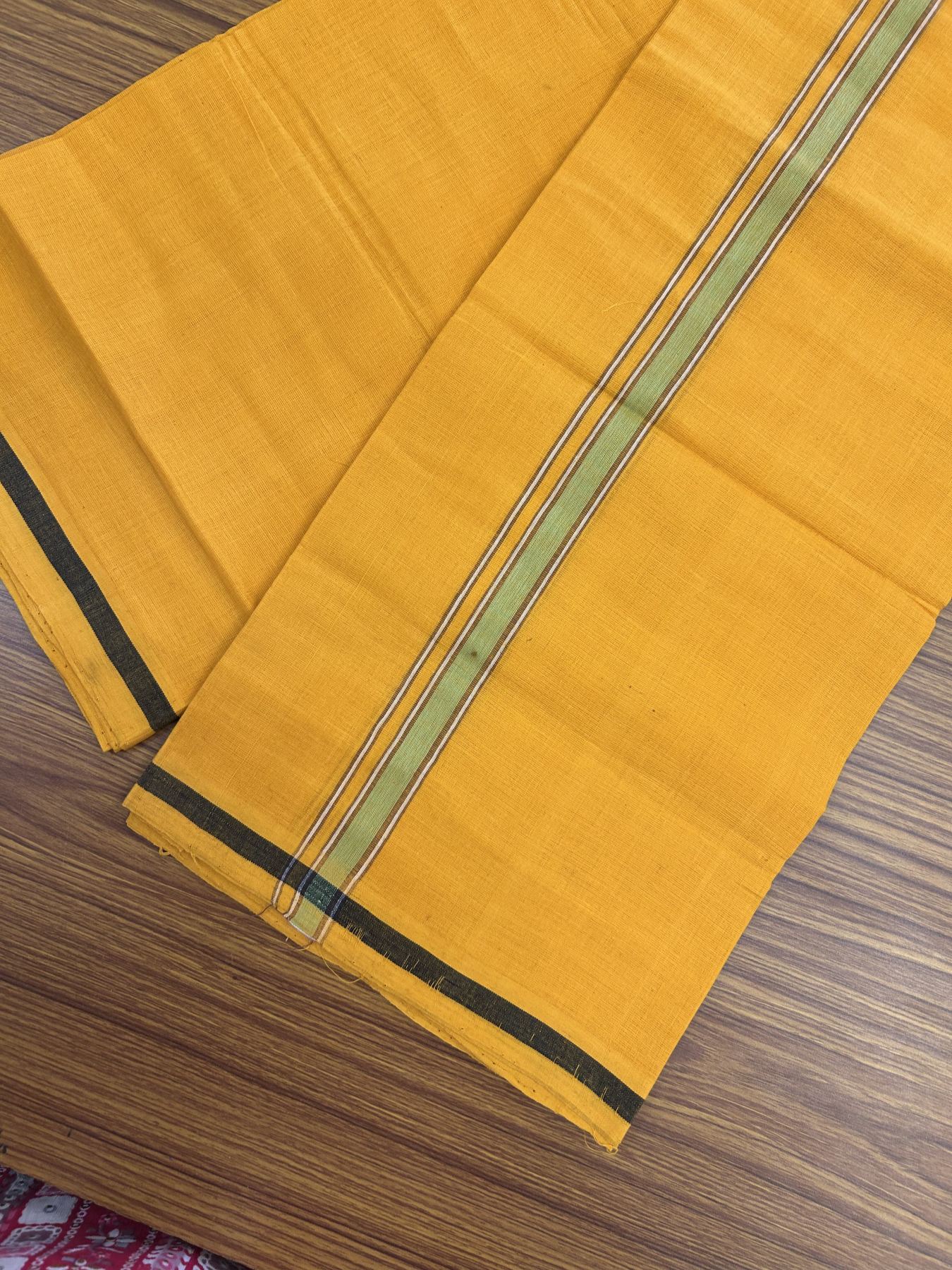 Handloom Single Hallmarked - 10% Discount !! KaithariKada 100% Pure Cotton - Mundu/Dhoti 2 cm Brown Green Kara with Light Orange colour Body - (2 meter / 4 muzham) - 36 KK8044 ELA