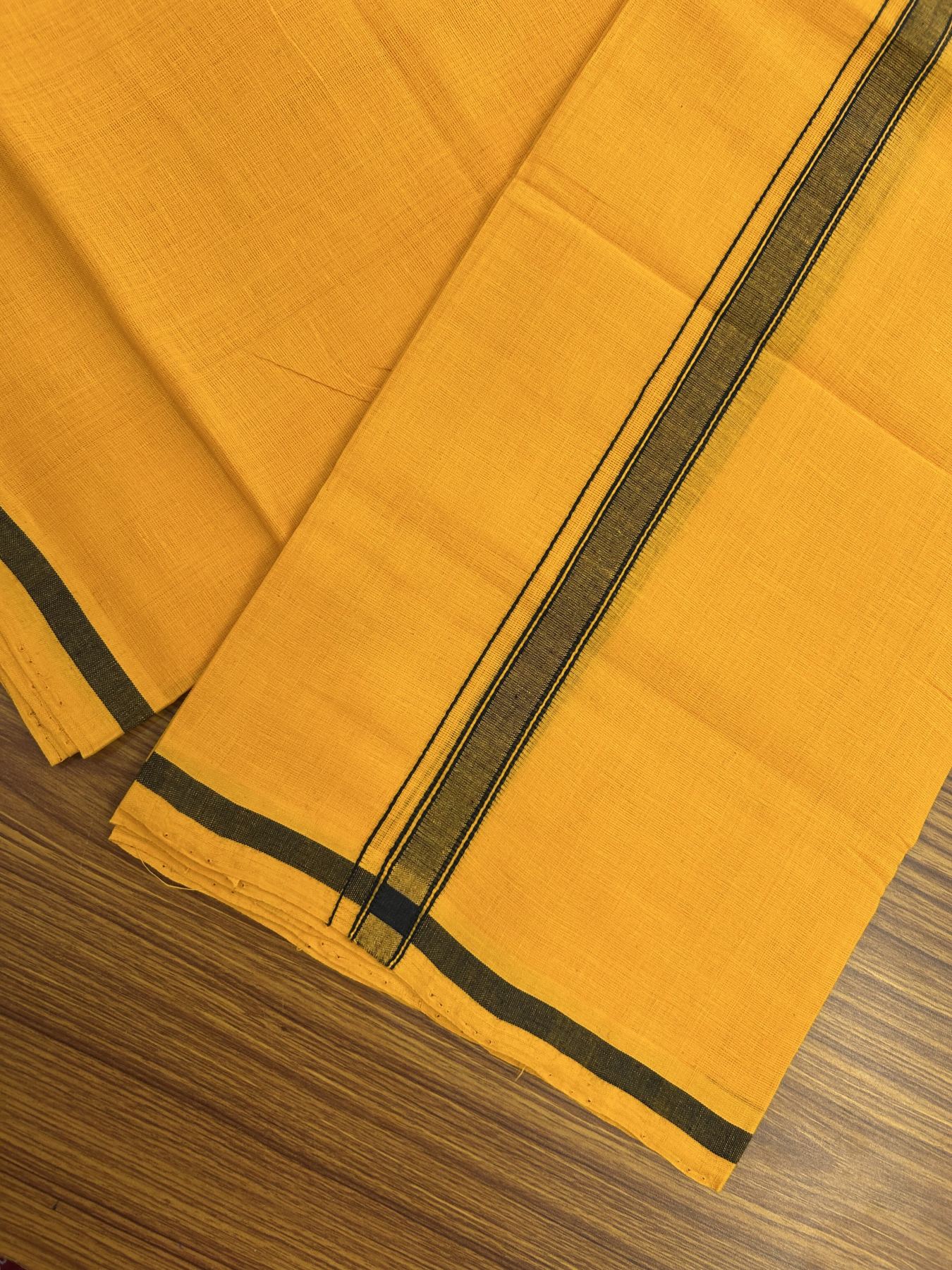 Handloom Single Hallmarked - 10% Discount !! KaithariKada 100% Pure Cotton - Mundu/Dhoti 2 cm Black Kara with Light Orange colour Body - (2 meter / 4 muzham) - 38 KK8044 ELA