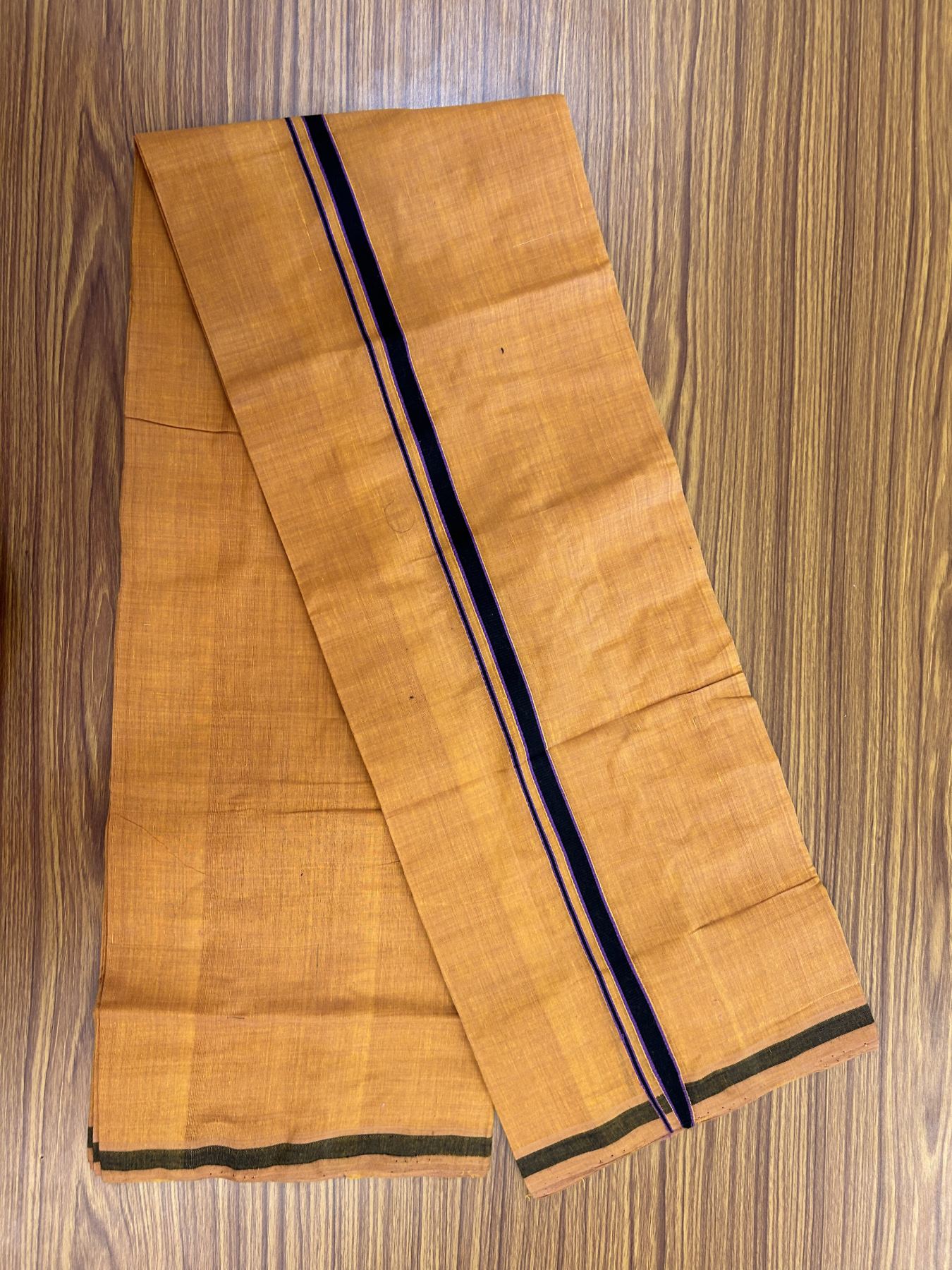 Handloom Single Hallmarked - 10% Discount ! KaithariKada 100% Pure Cotton - Mundu/Dhoti 0.5 inch Black & Violet Kara with Kavi colour Body - (2 meter / 4 muzham) - 57 KK8044 ELA